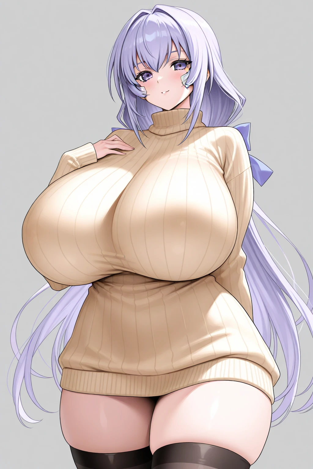 masterpiece, best quality, 1girl, sitting, city, white hair, long hair, purple eyes, (buttoned shirt, button gap, jacket:1.3), scarf, skirt, thigh highs, (bottomheavy, topheavy, gigantic breasts, bursting breasts, huge thighs:1.2)