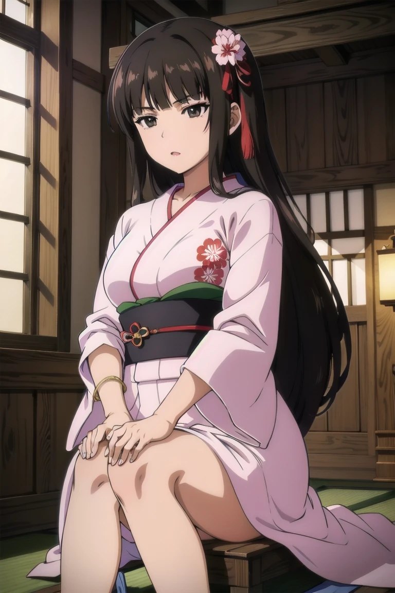 Pov (from below)Masterpiece, Best quality, High resolutions, chi1, 1girl, single, Long hair, braid, one side up, Only, Japanese clothing, kimono, pink kimono, neckline, vertical red stripes, sauna, Hand in lifting the kimono in the underwear part, sitting legs open, large breasts, medium waist, wide hips, medium thighs