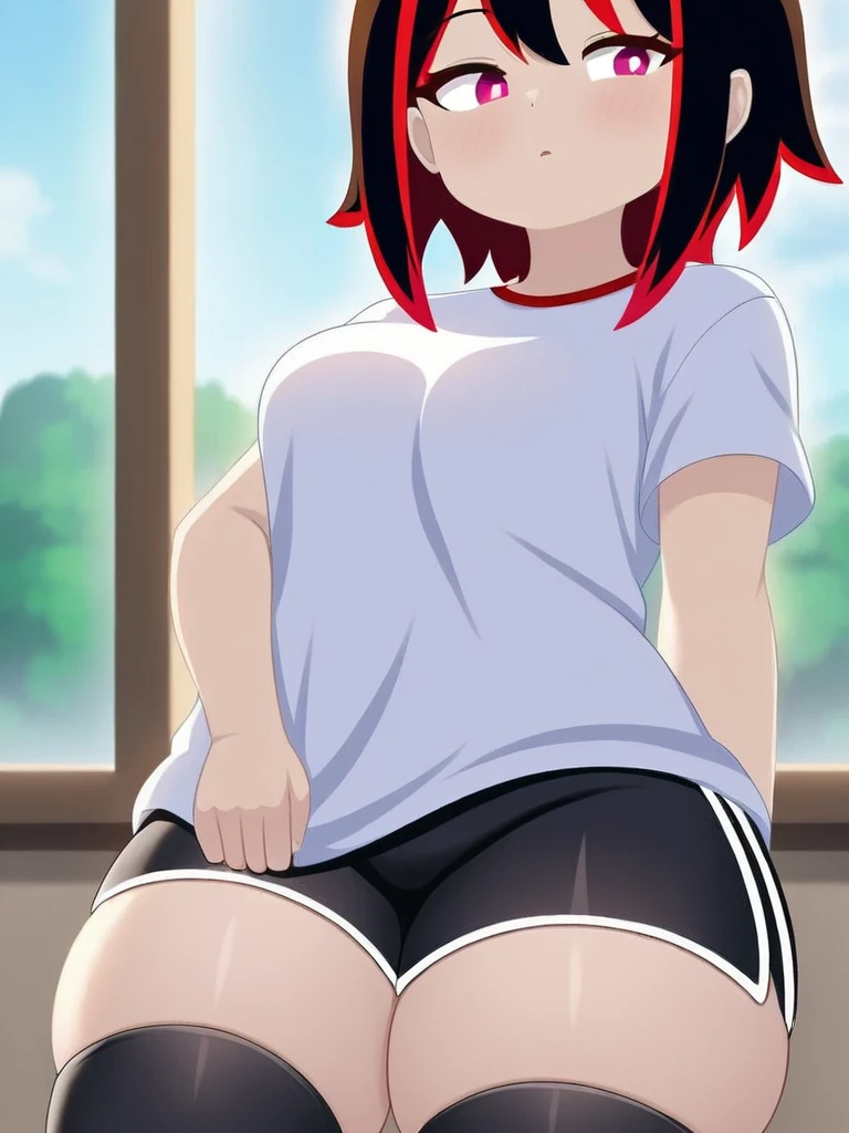 Beautiful illustration, best quality, cute girl, ((In the park)), pastel color, natural tones, ((Dark ponytail)), ((Sitting on a bench)), ((Slim body)), ((Pudgy tummy)), ((Black Sports top)), ((Black hotpants)), ((Cameltoe)), ((Embarrased)), (Open mouth), (blush), bright lighting, ((Big eyes)), ((Perfect hands))