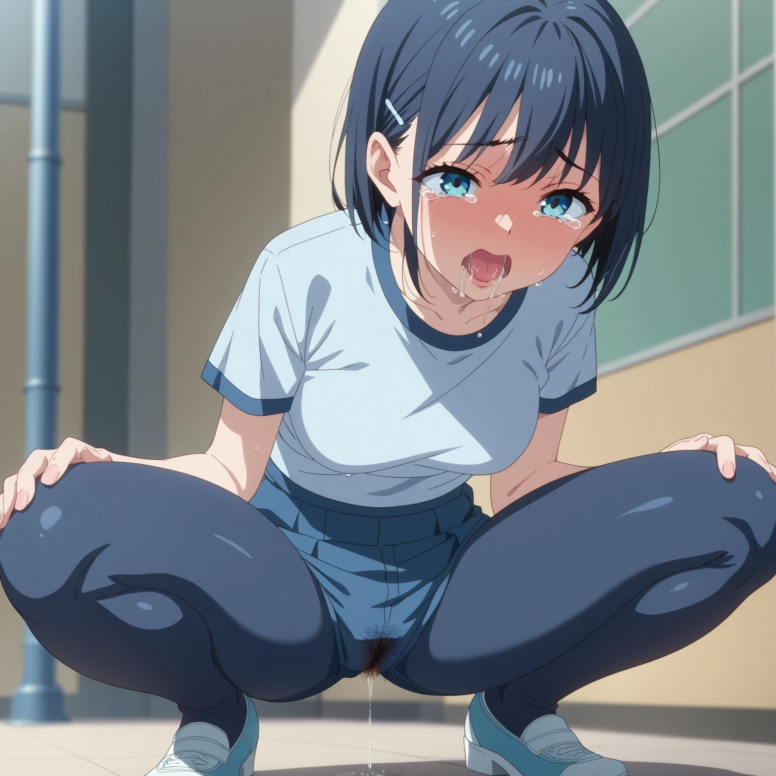 blue eyes, short black hair, wearing long plain white shirt, high res, ultrasharp, masterpiece, wet shirt, pussy, crowd not notice, sex, mysterious smile, wearing tiny skirt