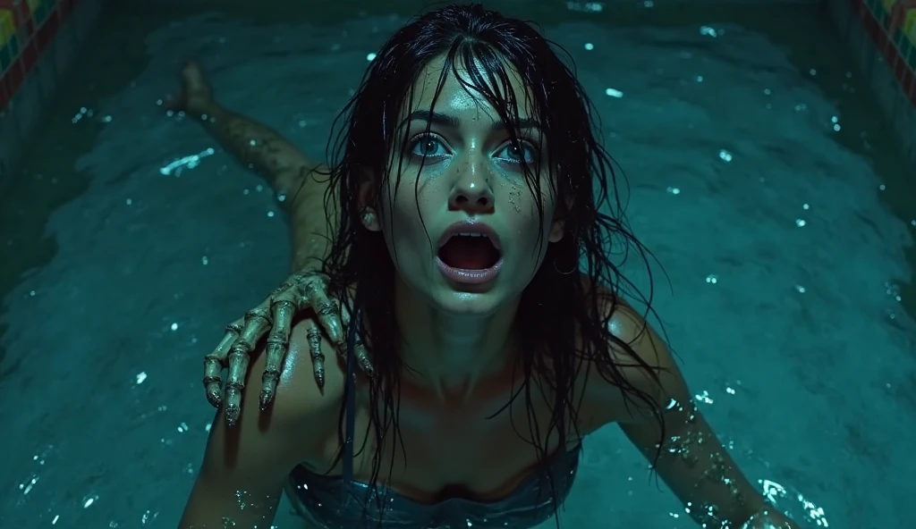 Close up of a terrified Billie Eilish drowning underwater trapped in a cage as she grasps the bars