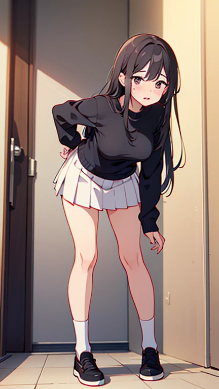 ((Grabbing a dildo inserted in her pussy)), Pleated skirt, My Room, (Angry face, blush, Sweat), standing, navy long hair, Big Breasts, pussy Juice:1.5,
