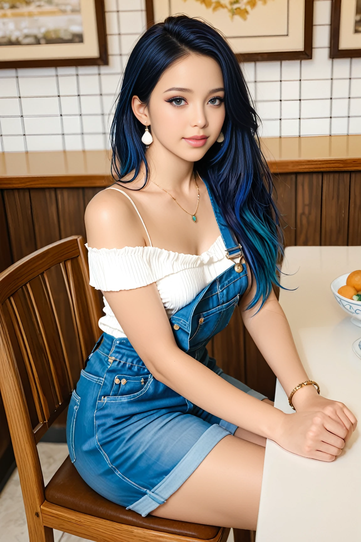 (blue hair:1.4), short hair, realistic green eyes, cobalt hair,  long bob hair, tousled hair, shoulder length hair, Full body, woman with white skin and Asian features, 24 year old, big breast. She has a small, elegant nose with a slight upward curve at the tip. Her lips are full and naturally pink, with a well-defined Cupid's bow. Her teeth are straight and white, enhancing her captivating smile. Her face has an oval shape with high cheekbones that add to her model-like appearance. (crack), detailed (texture!, shine, color!!, flaws: 1.1), highly detailed glowing eyes, (looking at camera), specular light, dslr, extreme quality, crystal clear, cute face, detailed skin pores, oil Dark skin, brown, complex eye details, she is far from the camera, A full-body portrait, captured from a distance. Dynamic Frame, 8K, Best Quality,  tradwife, gingham sundress, green and white checked dress, sundress, sexy woman, interior kitchen, soft lighting, traditional housewife, barefoot, 1950s values, waiting to make love to you, Virgin wife, sitting