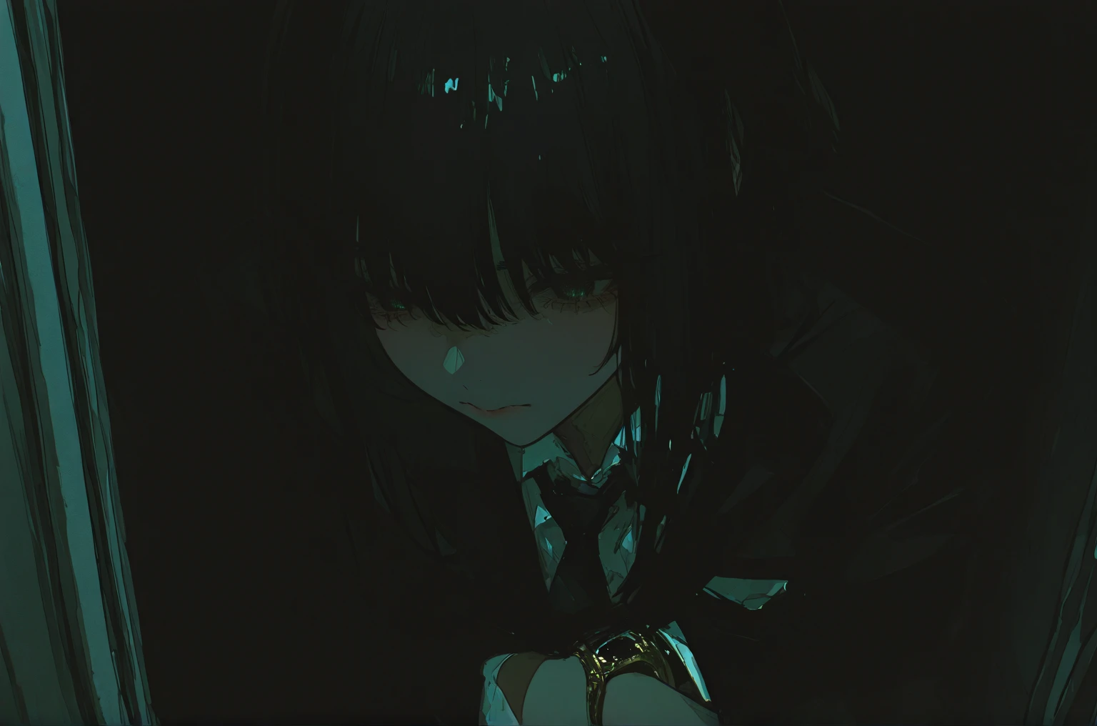 style v5lcn,ink art,(Best quality,table:1.2),(black and white comic core:1.1),(extremely high contrast),Dark ink,1 girl in,Dark-haired,Shadow on the face、8 k,Permission,high school student,sailor uniform,