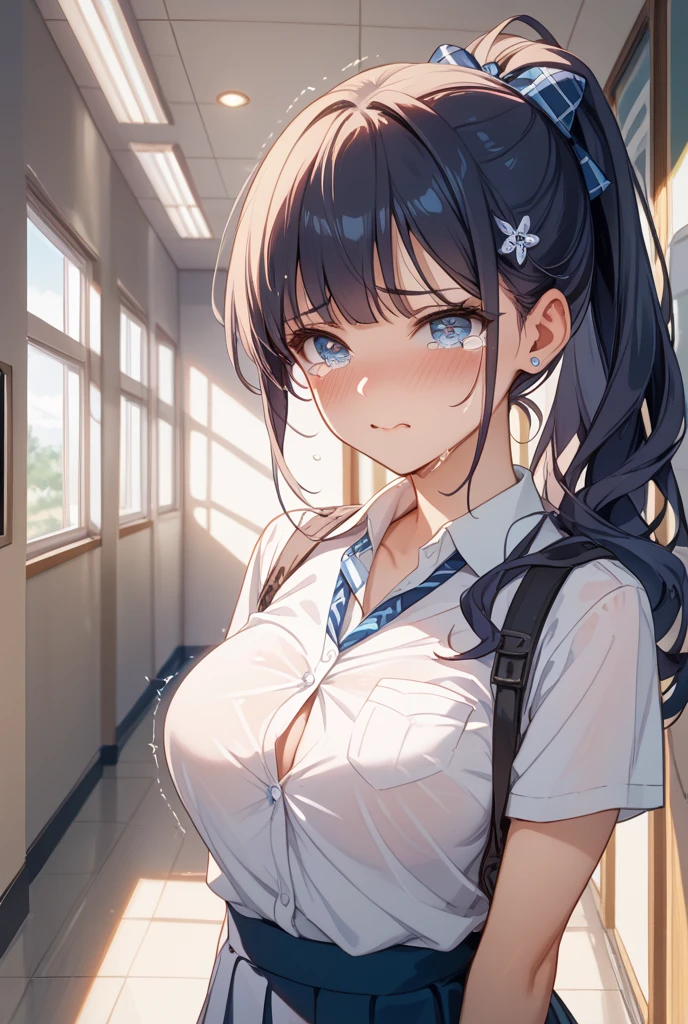 (Highest quality, 4K, masterpiece :1.3), Fisheye Lens:2.0,Beautiful woman, 1 Girl, (chest, Attractive body :1.2), Show inside the skirt,JK:1.1, Black Hair: 1.1, Long Hair, underwear,Highly detailed face, Lip details, Beautiful Eyes, double eyelid, smile,The background is a classroom at night