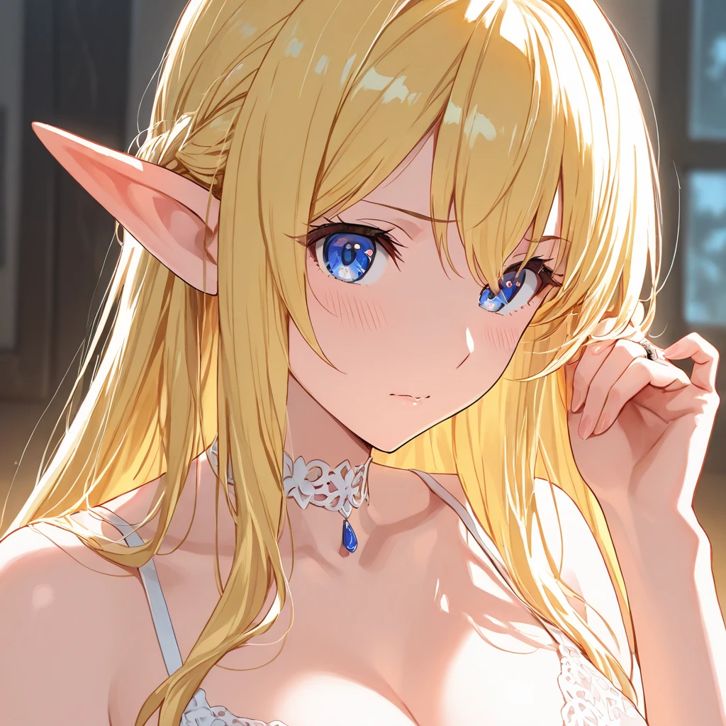 Elf woman, blonde hair, long hair, beautiful eyes, purple eyes, slight smile, calmy look, slight blush, long hair, beautiful hair, light blue eyes, beautiful eyes. Half-naked, beautiful body, slender body, white bra, white panties. Is inside a nice bedroom, lying on a bed.