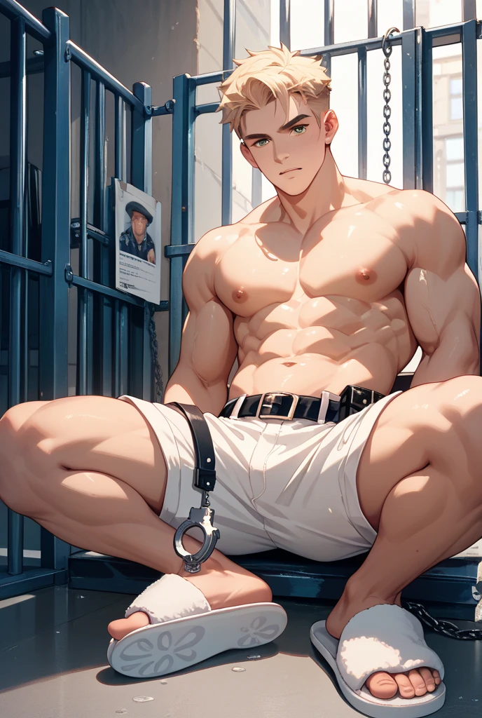 Create an image of a man in jail handcuffed and tied to his cell