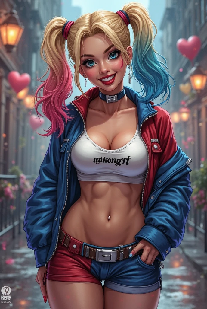 Margot Robbie, Harley Quinn, face paint red and blue, beautiful face, young girl face, bluish grey eyes, slim teens athletic body, toned abs, small breasts A cup, toned thighs, cameltoe, big round ass, Harley Quinn outfit, head to toe, circus show in background, cartoon art style; huge grin on her face