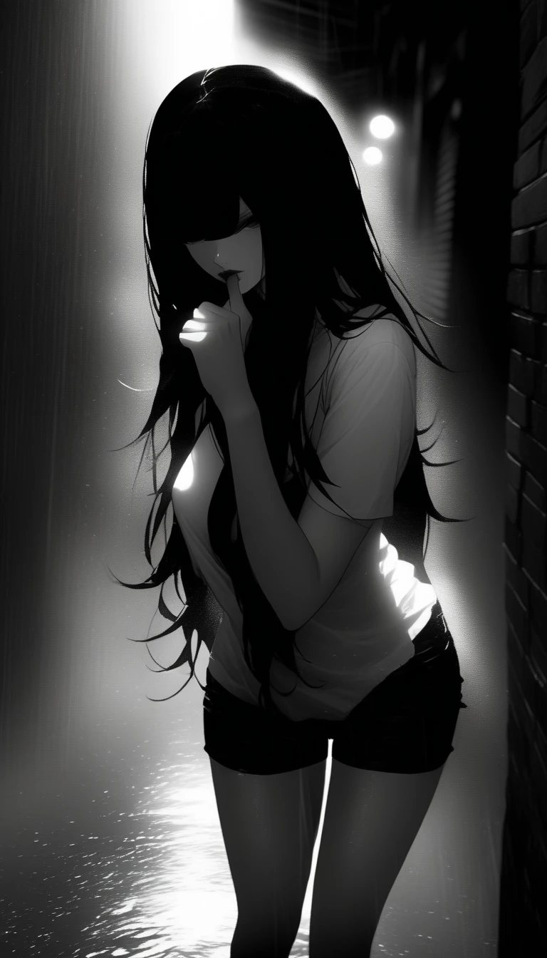 Back view, colorful, (best quality, ultra-high resolution, depth of field:1.2), 1woman, (gothic), (long black hair), cozy sweater, hoodie, black soggy pants, (dimly lit room:1.2), gloomy, (somber atmosphere:1.3), cloudy, raining