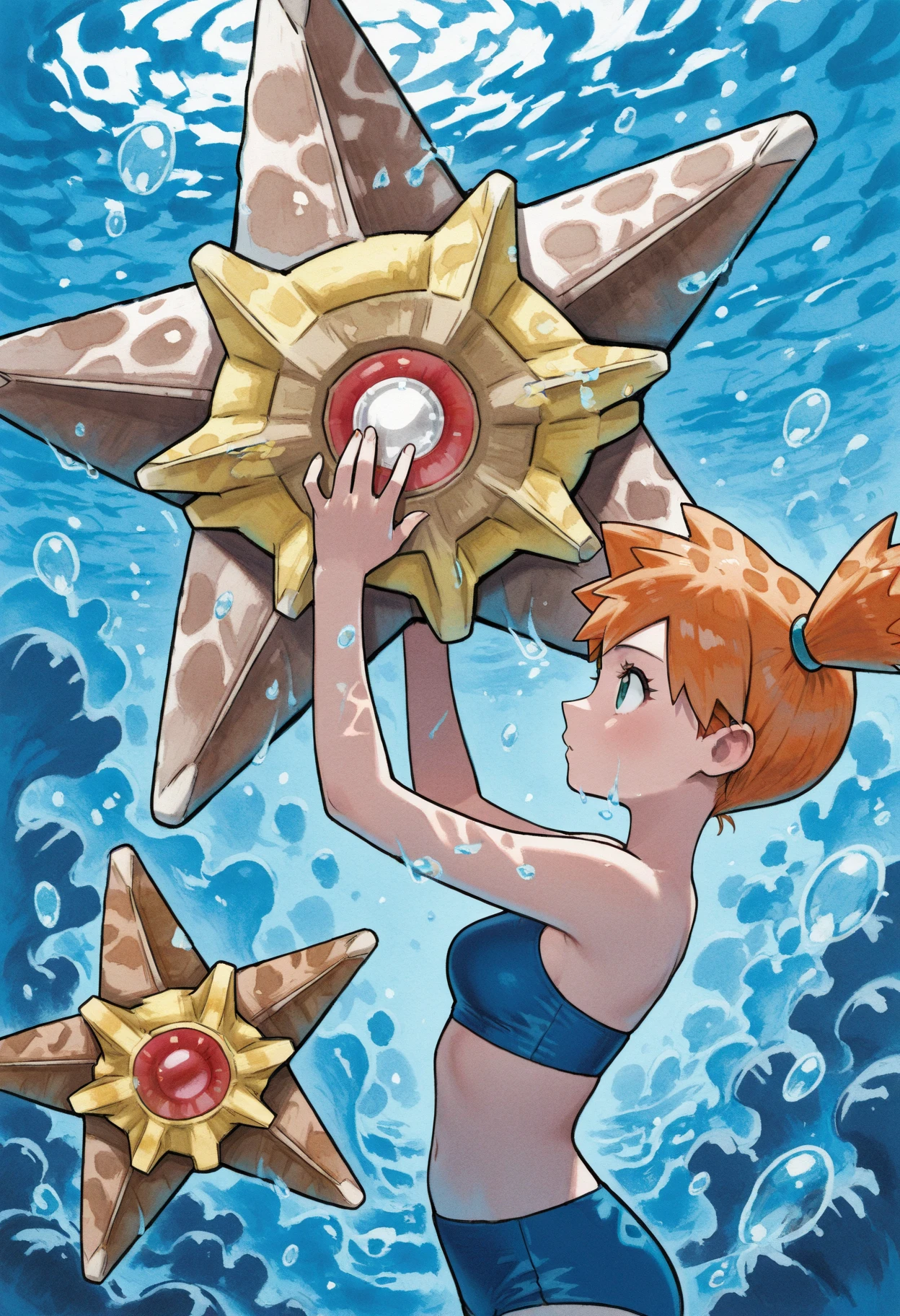 masterpiece, best quality,   zzMisty, open mouth, medium breasts, closed eyes, nude, water, blue bikini, pokemon (creature), traditional media, Staryu,   <lora:MistyCardArt_IXL:1.0>,