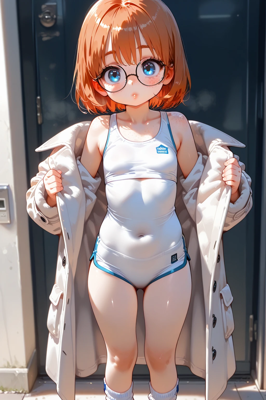 ????, (masutepiece), (photo realistic1.4), 超A high resolution, Best Quality, 8K,Indoor,Manga Cafe,come before:1.0,BREAK solo, 1girl in, 20yr old, extremely beautyful girl, Beautiful face, Perfect face, cute symmetrical eyes, double eyelid, ??????????????, puffies_???????, (perky ??????), Narrow waist, (pubic dark orange hair:1.5), nffsw, Juice dripping, ((Short hair, dark orange hair)), Glasses,No makeup, Sweaty body, Standing, BREAK (Green Tracksuit), (???????????? east, ???????, ?????? slip, , slip, No panties,(embarrassed,Smile), open open mouth,((Tongue out)),breathing deeply, Feel good,indecency,Close one eye,look away from the viewer,