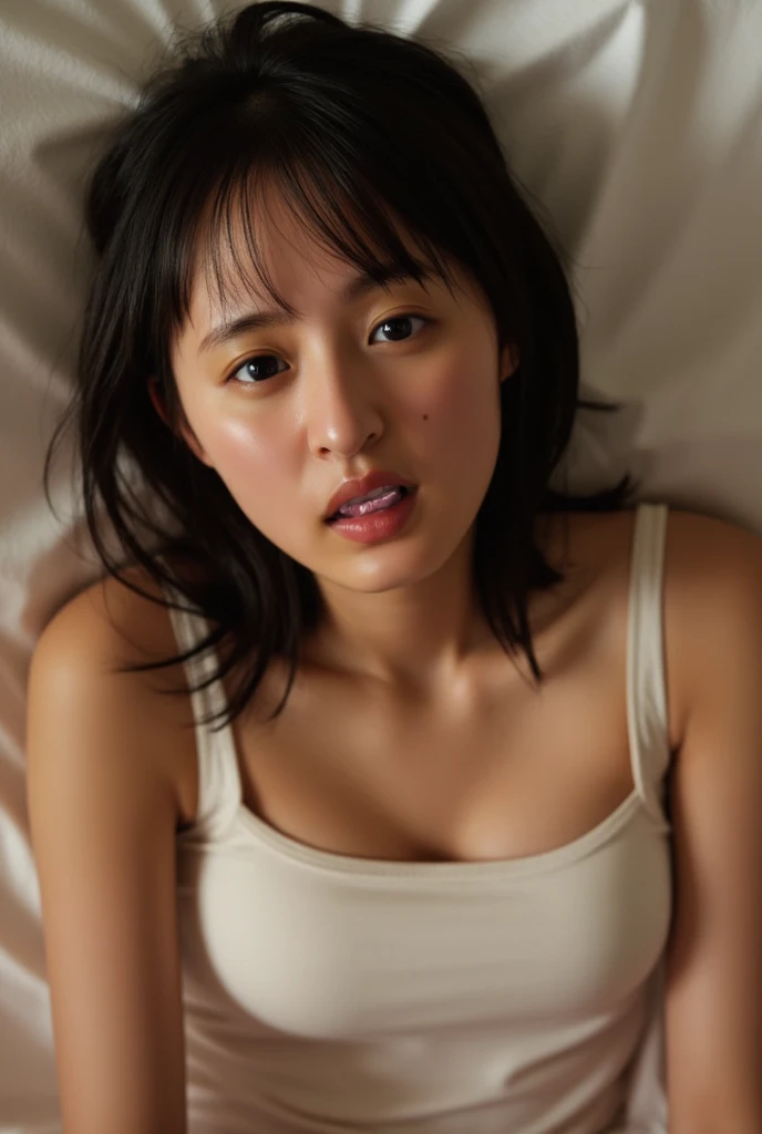((Top Quality, 8k, Masterpiece: 1.4)), japanese woman, ((naked, blush, short bob cut, skinny:1.3)), ((25 years old:1,0)), ((looking at viewer:1.4)), inside bedroom, ((Spread her legs:1.4)), vaginal, wet pussy, arms up, ((eyes closed, orgasm face:1.2))