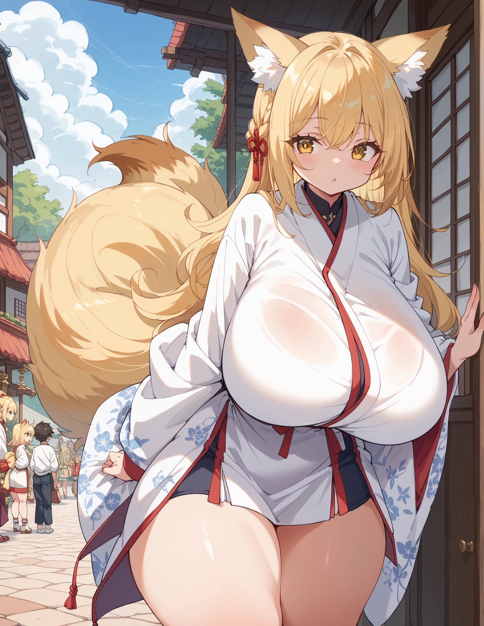 Highest quality、One girl, Mature Woman, Mature Woman, Japanese-style room、Tatami room、Sliding doors、Dark room、Voluptuous body, Huge breasts, Saggy breasts, Wide Hips, Miko costume, barefoot, Cleavage, Are standing, Blonde Nine Tails, smile, Short blonde, Red eyes, at night, 8K, masterpiece、milf、Fox Ears、Lantern、Sliding doorsを開けて迎え入れる、Sexy look、solo focus、spoken heart、(breast focus:1.1)、mature female、gleaming skin、naughty face、heavy breathing、One eye is covered by hair、hair over one eye 、(The futon is laid out at the back of the room.)、Hot spring inn、White futon
