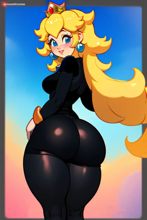 ((high detailed, Best Quality, 4k, masterpiece, High Definition:1.3)), ((Best Quality)), ((High Definition)), ((8k)), (ultraHigh Definition), Log cabin, bonfire, Christmas tree, X-Mas tree, Princess Peach with Christmas gifts, BREAK blue eyes, seductive, attractive, soft anime cg art, breasts 36C, neckline, long legs, vivid colors, detailed digital art, Skinny body, Perfect skin, Blonde hair over one eye, BREAK crown, neckline, looking at the viewer, BREAK looking at the viewer, extremely detailed face, rosa_T-shirt, rosa T-Shirt, negro_Correa, negro_rope_Correa, negro Correa, earrings, joya, Dark negro makeup lips, (negro High heels), High heels, dark gothic eyeshadows, dark eye shadows, negro eyeshadows, negro sexy lips, negro lips, (Dark:1.2), dark lips, very dark lips, (perfect hands, perfect anatomy), negro makeup, negro lips, Detailed fingers, five fingers per hand, 5 fingers, (1 girl), (Alone:1.3), detailed lips, detailed negro lips, negro painted lips, gothic painted lips, (focus on breast), (breasts out:1.3), (off the shoulder:1.1), (arms behind the back:1.2), (((with your back turned:1.5, rear facing posture))), ((looking back)),