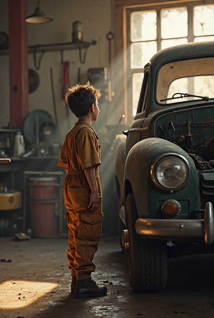 A masterpiece child as a Mechanic fixing a car, perfect body, perfect head, HD, outside