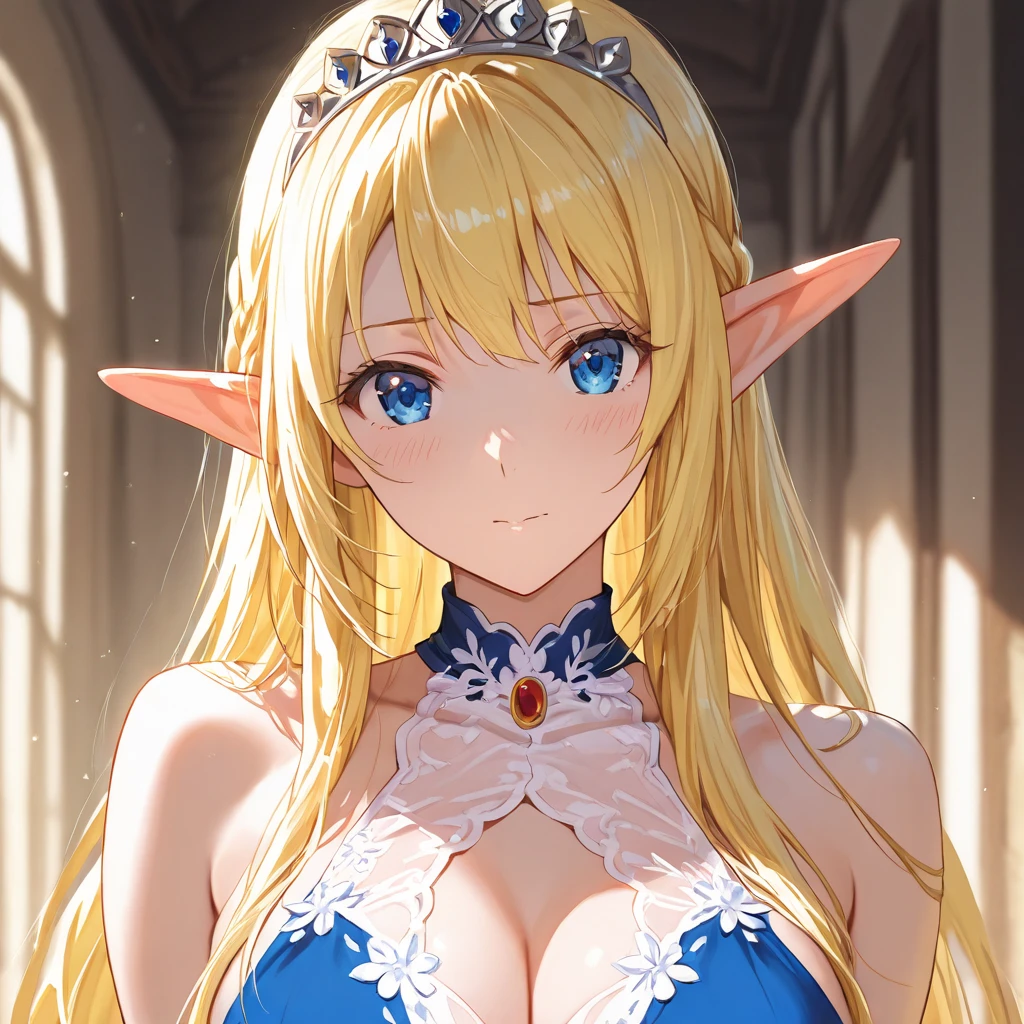 1 girl, Beautiful elf lady, blonde Long straight hair, upturn elf pointy ears, sexy figure, hot body, perfect breast, charming cleavage, very beautiful face, detailed face, delicate eyes, detailed pupil, beautiful and delicate lips, pale skin, light blush, shy, heart, in love, white camisole long skirt, Simple and stylish, small crystal earrings, hand drawn animation, (portrait:1.3), high detailed, outdoor, symmetrical clothes, best quality, masterpiece,