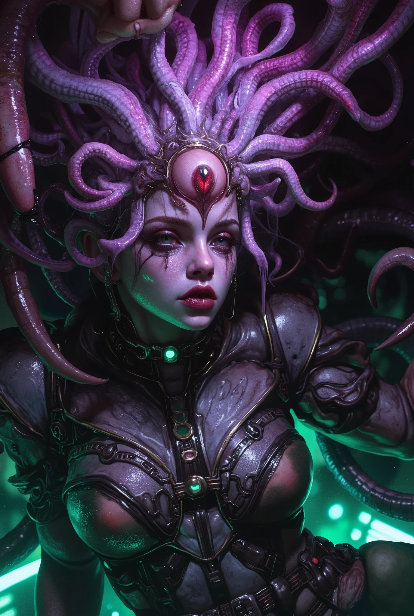 neon colored, (photos realistic:1.7), (Numerous award-winning masterpieces, with incredible detail, textures and maximum detail), Dramatic Lighting, cinematic quality, (exquisite details:1.2), High freshness, drawing faithfully, (1 beautiful and Coquettish female alien:1.4), (There is a female genital-like organ in the middle of her forehead:1.95), She has medusa-like hair, (there are lots of translucent tentacles from her head like her hair:1.5), (vulgarity1.7), (she is looking down at viewers with glowing red eyes with no pupils:1.6), (She has translucent pale skin:1.4),(She has the most beautiful face in the history of the universe:1.2), (She has multiple bioluminescent organs on the side of her tentacles:1.4), (Her body is covered with an iridescent exoskeleton:1.4), (She is showing her arm pits:1.6), an evil gaze that seduces, (looking down at viewers:1.4), (bio luminescent:1.4), (Smile wickedly:1.3), (sexypose:1.4), cells are fused, extraterrestrial, cell, bio image, ultra high resolution, Beautiful eyes with fine symmetry,(Highly detailed face and eyes:1.2),(Super detailed skin quality feeling:1.4), perfect anatomy, (Beautiful toned body:1.5), (Moist skin:1.2), not wearing makeup, (dark circles:1.1), cinematic drawing of characters, cinematic quality, (exquisite details:1.2), high resolution, High freshness, drawing faithfully, official art, Unity 8K Wall paper, ultra detailed artistic photography, midnight aura, unreal engine 5, Ultra Sharp Focus, art by MUCHA, art by Amano Yoshitaka, ArtGerm, ultra realistic realism, dream-like, Creation of fantasy, dream Snail, (biopunk nautilus:1.3),Thrilling color schemes, seductively smiling, Amazing mutation, well-proportioned body, goddess of the deep sea, fractal, Geometric pattern, impossible figures, subtle emerald green accents, (expression of ecstasy:1.5)