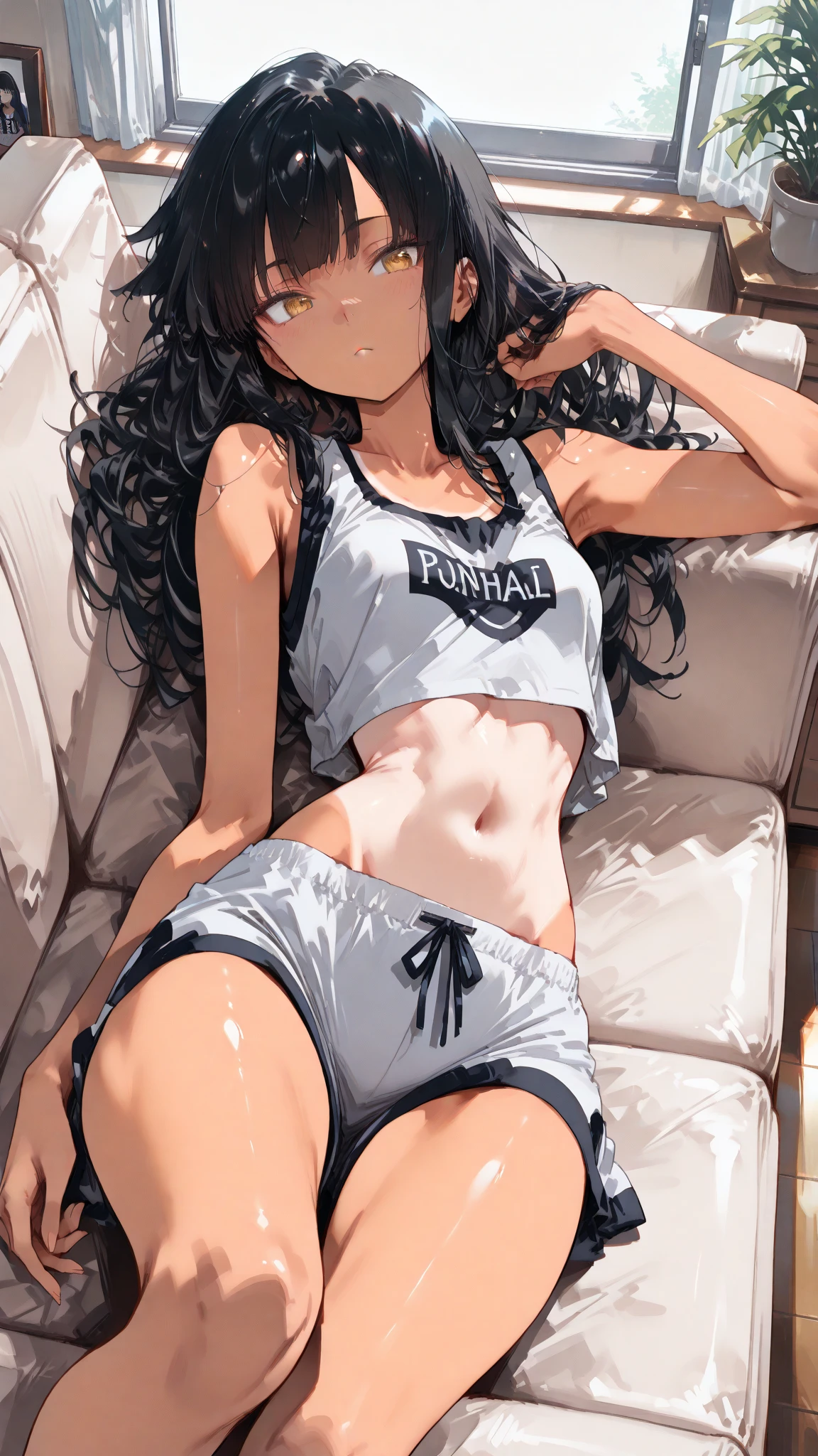 A tan-skinned anime girl lies on the ground, her ribs protruding from her emaciated body. She wears a sleeveless shirt and jean shorts, her hunger evident in the sweat beads that cover her skin. Rendered in a gritty, anime style.