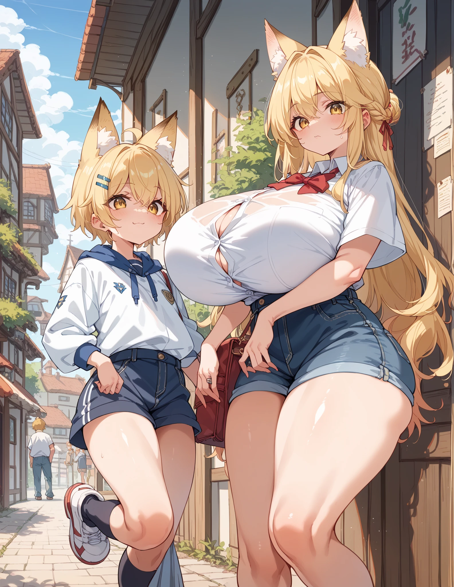 ((Masterpiece)), perfect anatomy, perfect shading, field of depth, (best quality), extremely delicate and beautiful, perfect lighting, detailed face, ultra cute face, cute, (cowboy shot 1.2), full body, (((2girls))), ((2 girls 1 and 2))
Girl 1: has long hair, fluffy hair, blonde hair, blue eyelush)), embarrassed, extremely tight clothes, medium breasts, cleavage, perky breasts, ((wide hips)), (thick thighs), ((chubby)), pudgy belly, fat rolls, belly hang,
Girl 2: has short hair, fluffy hair, brown hair, green eyelush)), seductive smile, chocker, extremely tight clothes, medium breasts, cleavage, perky breasts, (((wide hips))), ((thick thighig butt)), ((plump)), chubby belly, fat rolls, belly hang, she has a jiggly belly,
football field, intricate background, detailed background, girls are standing next to each other, ((cheerleader uniform)), (blue and white tank top 1.2), (short section skirt 1.2), thigh highs,