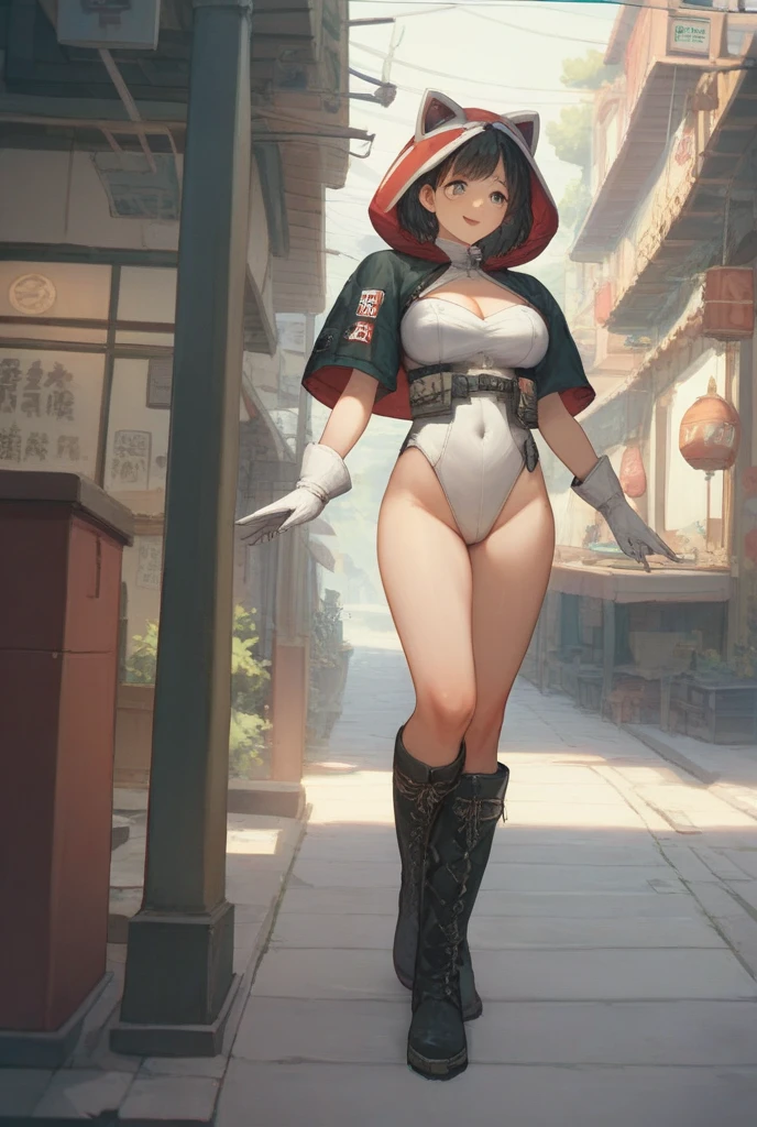 inoms , beautiful, masterpiece, best quality, 1girl, tinted eyewear,red thigh boots, hat ,red outfit,solo, crop jacket, shorts, crop top, large breasts, solo, <lora:InoMS:1>