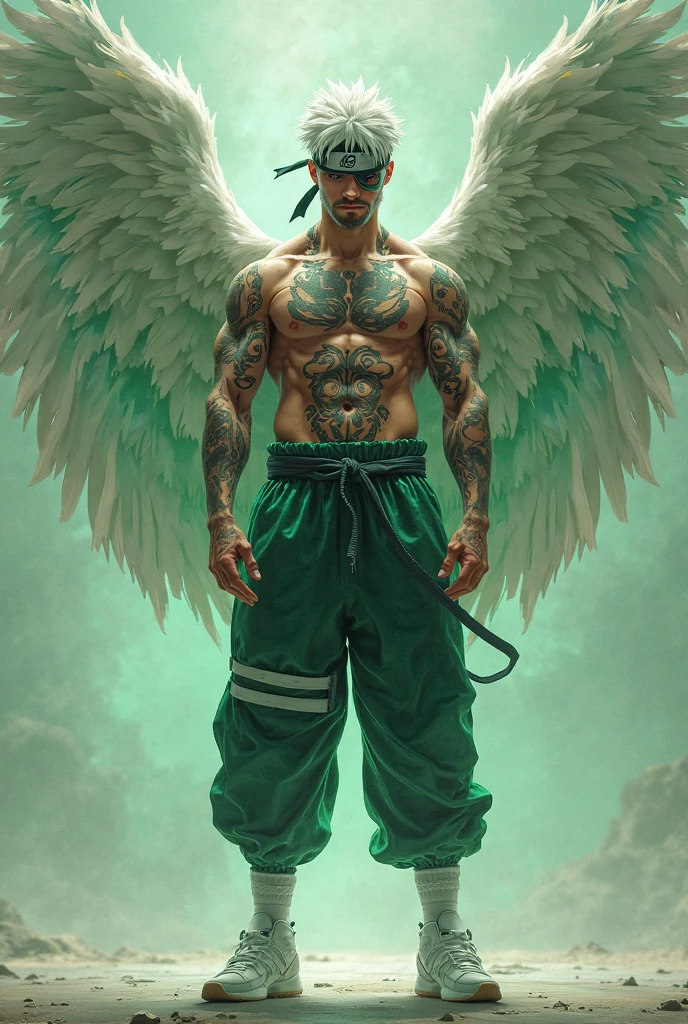 one angel, blonde mohawk hair, icy brown eyes, skin tanned, closed, realisitic, fully body, ángel wings, tattooed