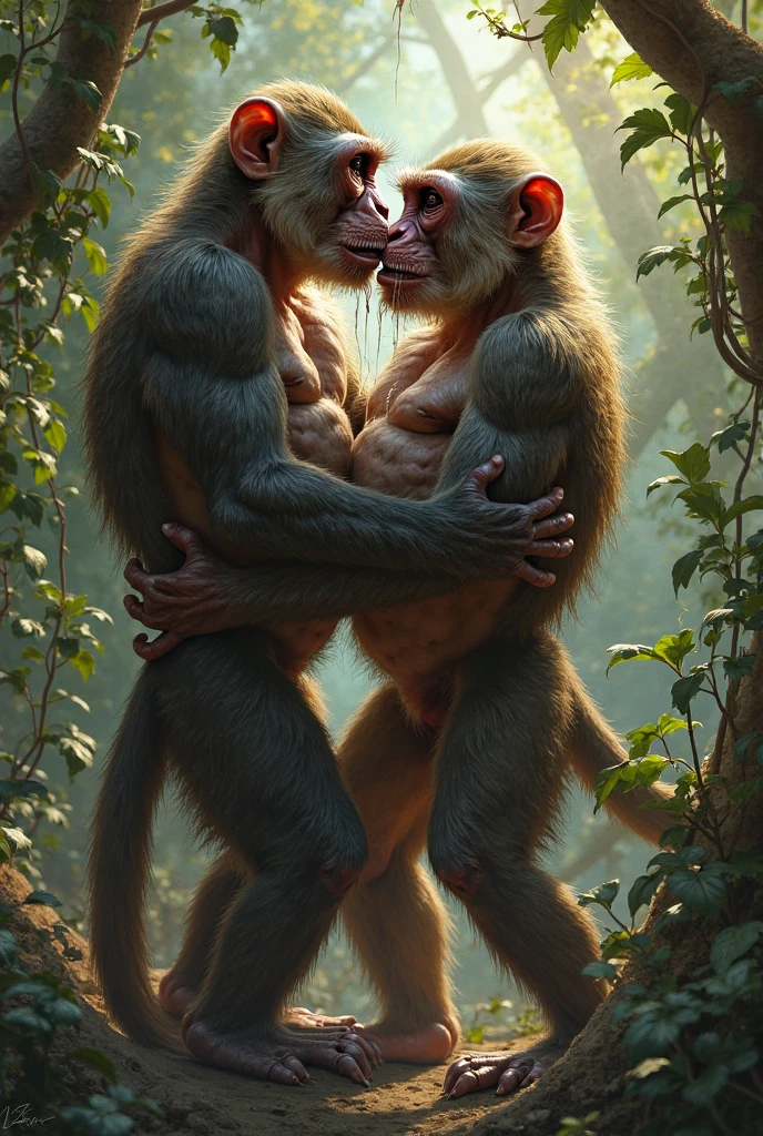 solo, feral, monkey, male, mature male, grandpa, curvy, sexy, shaggy fur, thick fur, prehensile tail, curly tail, sagging balls, long flaccid penis, prehensile primate feet, big butt, spreading ass, chubby, crouching down, raised butt, wide hips, arched back, laying down, presenting anus, gaping anus, Imminent Penetration, leaking cum, cum in ass, cute, perineum, realistic fur, eyes crossed, symmetrical eyes, moaning, tongue out, morning sun, jungle, realistic, (by Rajii), (by Taran Fiddler)