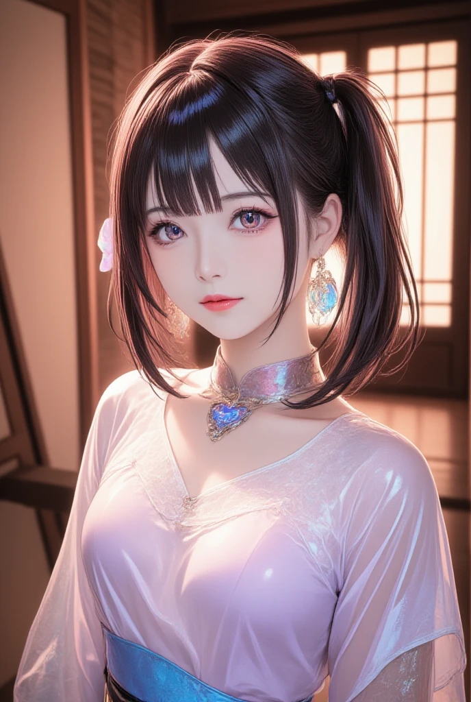 detailed eyes , huge breasts , braided hairstyle , portrait , cheongsam , black background , black hair , smile , black eyes