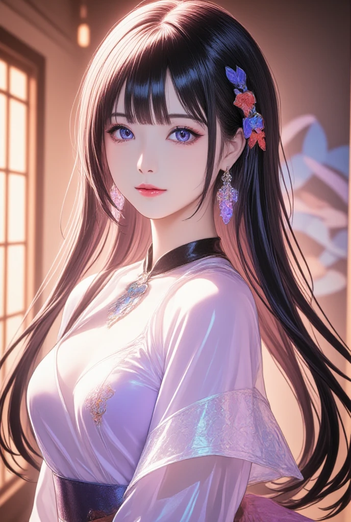 best quality, masterpiece, highres, 1girl,blush,(seductive smile:0.8),star-shaped pupils,china hanfu,hair ornament,necklace, jewelry,Beautiful face,upon_body, tyndall effect,photorealistic, dark studio, rim lighting, two tone lighting,(high detailed skin:1.2), 8k uhd, dslr, soft lighting, high quality, volumetric lighting, candid, Photograph, high resolution, 4k, 8k, Bokeh