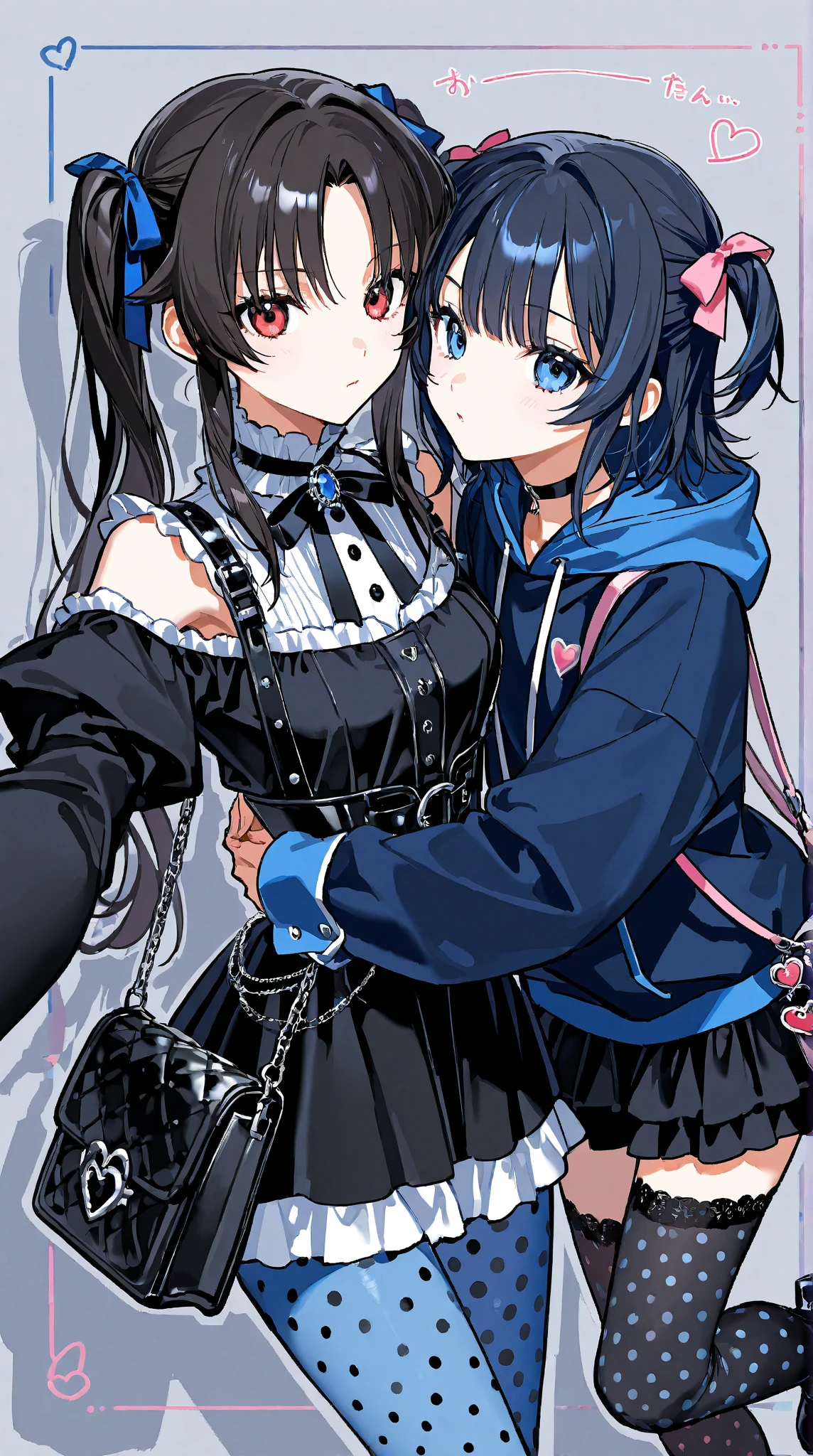Hands Behind Back,Tied with hands behind back,lick,open mouth,tongue out,cum on tongue,front face,from front,front view,looking at viewer, looking ahead,from above,cowboy shot,2girl,Beautiful girl at 13 years old,Japanese,Slender,,low length,Small breasts,Thin legs,Small Ass,Baby Face,Small face,Black Hair,Short Twin Tails,Black blindfold,blindfold,middle School girls,A see-through black and light blue negligee,lingerie,Collar with leash,Kneeling,Straight Stand,Beautiful and detailed anime art,Mischievous smile,Sexy vibe,Dimly lit room,On the bed,Simple Background,Gray background,Low lighting,
