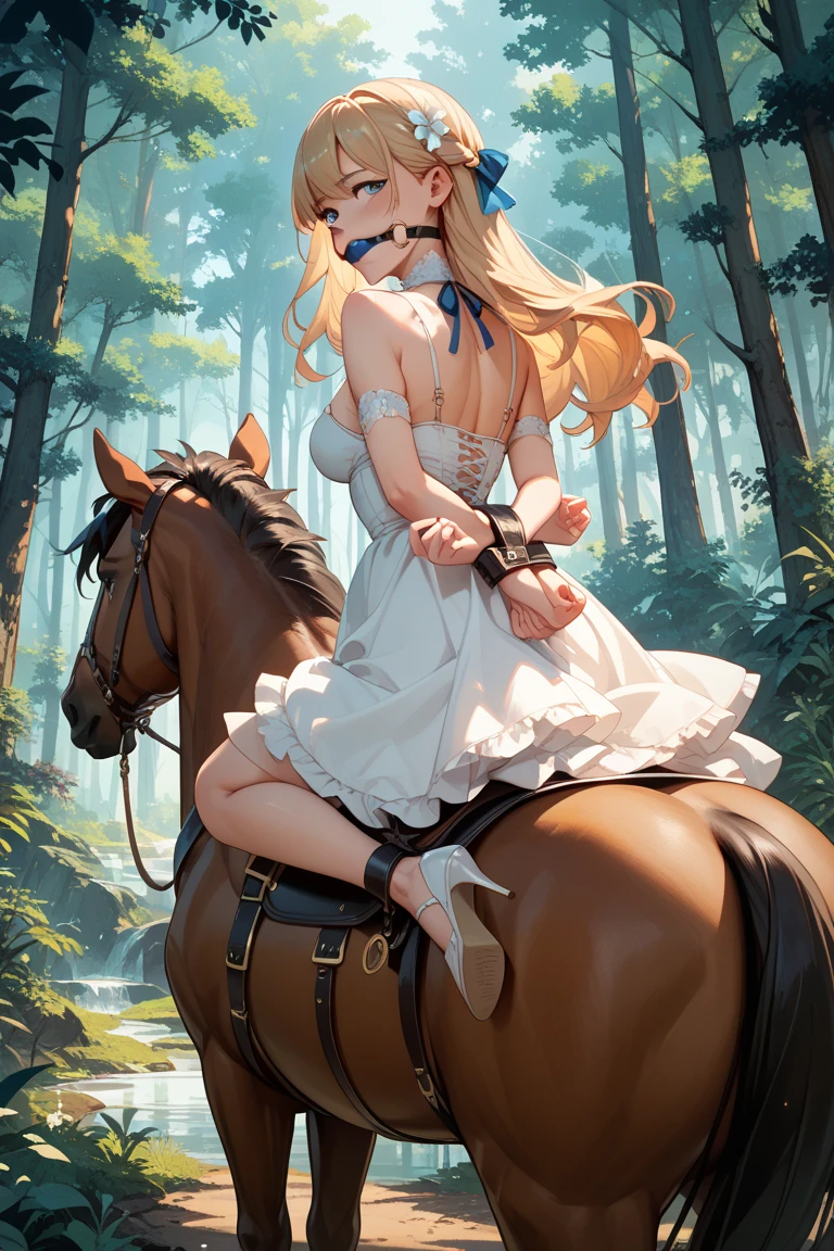 In a peaceful forest clearing, a mature, kind-hearted Centaur Druid with flowing blonde hair gracefully roams, her lower body resembling that of a majestic Shire horse. Bathed in gentle sunlight, her large breasts sway as she tends to delicate flowers, emanating an aura of tranquility and natural harmony, she is wearing a leather tunic, her top half is human, fantasy art