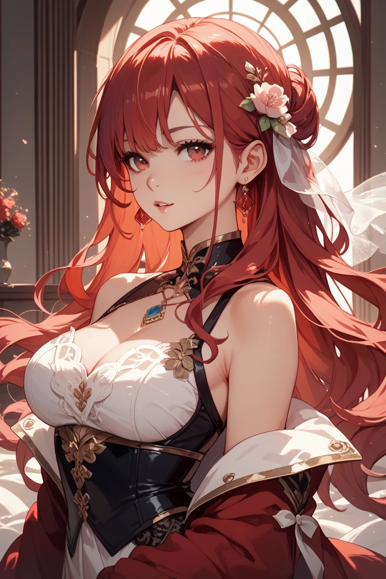 1 female、ruby red hair、long hair、curly hair、{{{red and gold eyes}}}、thick lips、White and red dress、off shoulder、slim、valley、big breasts、sunlight、{{{without background, no background}}}, {{{white background}}}masterpiece、ultra high resolution、perfect lighting、16k