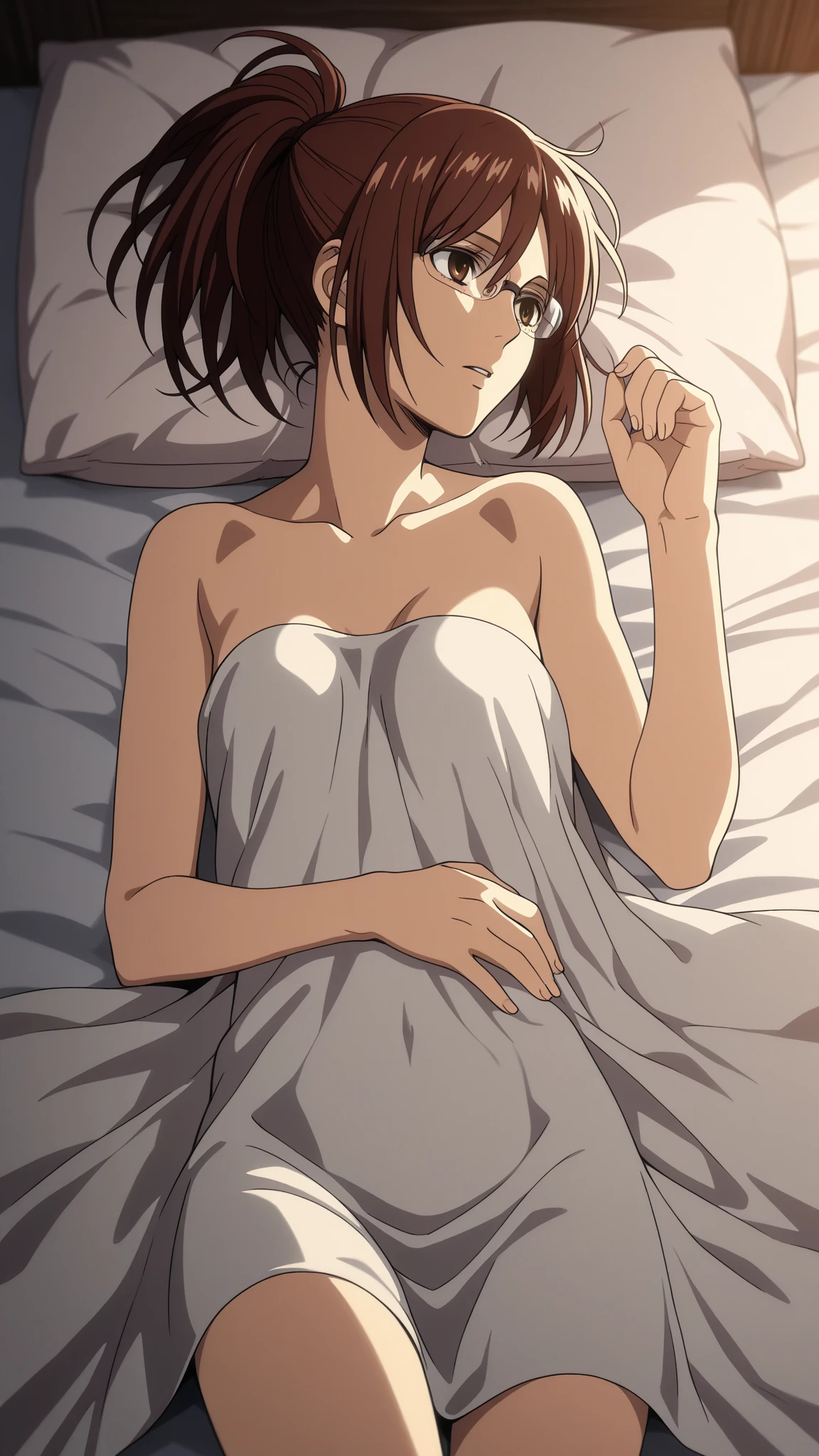 Animated makima wears an oversized T-shirt at night and leans on the patterned wall without wearing anything on her lower body