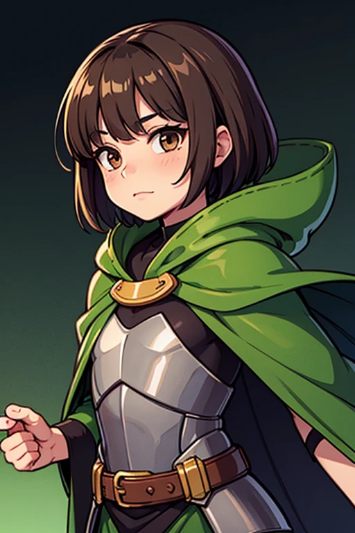 (rance), blown hair, brown eyes, short hair, green tunic, under shirt, chest plate, (armor), breasts, face focus, women, strong jaw, hips, smile, hands on hips, messy hair, smug, cheeky, blush, spiky hair,