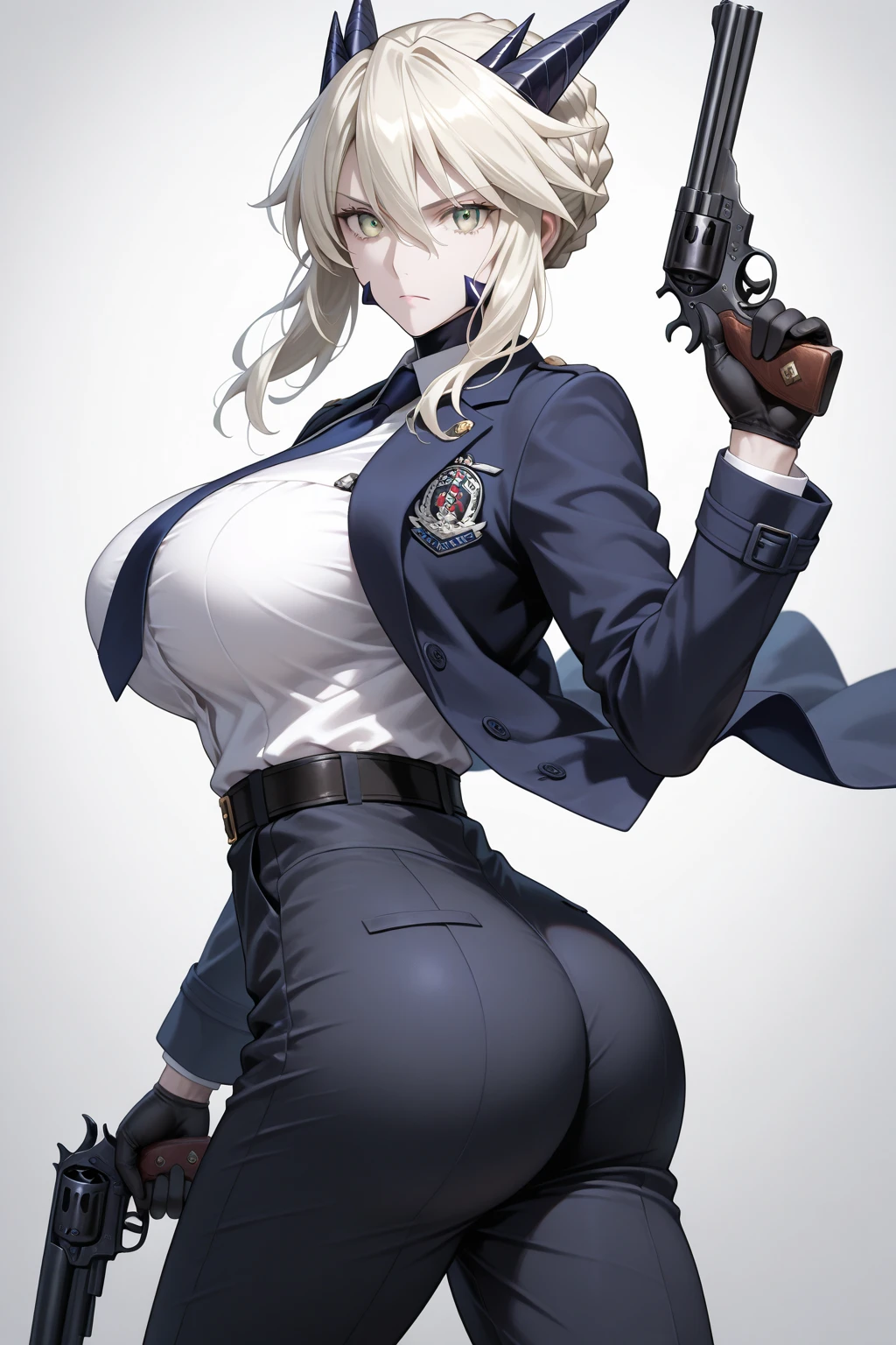 short hair, silver hair, red eyes, curvy, anatomically correct, heavy breathing, huge breasts, 1girl, breasts, gun, weapon, solo, hat, handgun, boots, bodysuit, huge_breasts, thighs, thick_thighs, red_eyes, gloves, squatting, looking_at_viewer, spread_legs, skin_tight, holding gun, (shaded face:1.2), hollow eyes, red eyes, looking at viewer, (heavy breathing:1.2), smirk, upper teeth, nsfw, fantasy art, (electricity:1.2),
