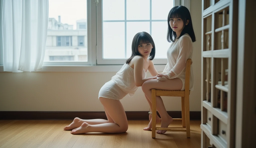((Full body:1.2,Voyeur from the side:1.2,from a distance:1.2)),3 Japanese girls,leaning forward,blushing and embarrassed face,summer casual style,See-through white blouse,See-through white flare skirt,white choker,See-through white Panty,slim body shape,from below,realistic,best quality,ultra-detailed,high resolution,beautiful white skin,looking at another,flooring room