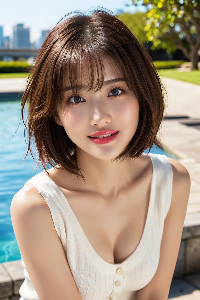 Pure Eros Face_v1, highest quality, photorealistic, 8K, High resolution, 1 girl huge big tits, perverted woman, (Skin dent), (sport portrait:0.6), gorgeous, dynamic pose, ((poolsidebackground:1.6)), coconut palms, ((mediumsize roundbreast,white highnecksweater:1.4)), Look directly at the audience:1.8, (1 girl looks at the audience with eyes, medium length hair, black hair, other々Bangs:1.65), (It's blurry), With a smile:1.2, (closed mouth:1.16),