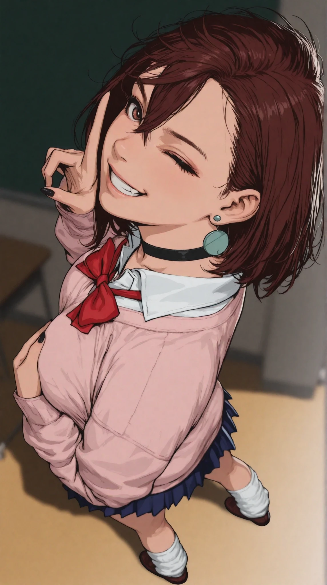 1girl, solo, momo ayase (dandadan),v pose, hand at side of face, one eye closed, grin,brown hair, short hair, hair between eyes, asymmetrical bangs, brown eyes, earrings, black choker, school uniform, white collared shirt, pink sweater, long sleeves, red bowtie, blue skirt, miniskirt, white socks, loose socks, brown footwear, (viewed from above), covering breasts, smiles, covering privates, nail polish, foreshortening, looking at viewer, looking back, from behind, full body,, standing, medium breasts, depth of field, shadow, black nails, perspective, Sinozick_illu, masterpiece, best quality, classroom background, masterwork, masterpiece, best quality, dynamic pose, dynamic angle, detailed, depth of field, dynamic lighting, realistic, detailedanimegirl,