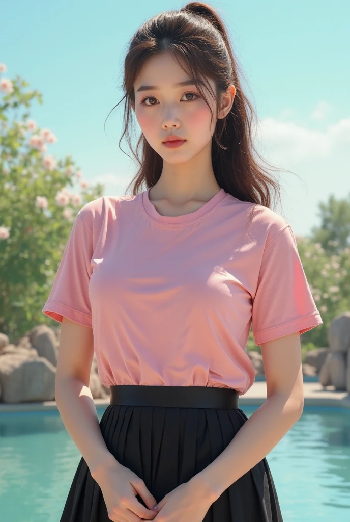 (8k, Photorealistic, Raw photo, Highest quality: 1.4),Japanese idol style1Beautiful girl of the person,18-year-old,Short bob hairstyle,Black Hair,She has her hair tucked behind her ears,She has small earrings in her ears,Big, clear grey eyes,Long eyelashes,Plump Cheeks,She is wearing pink lipstick,Apply gloss over your lipstick for glossy, plump lips,Smiling,A short pendant is hanging around her neck.,The nails on both hands are painted with light pink nail polish.,Both toenails have red nail polish,Wearing a camisole,Wearing shorts,wearing sandals on bare feet,Park Trails,Full body portrait