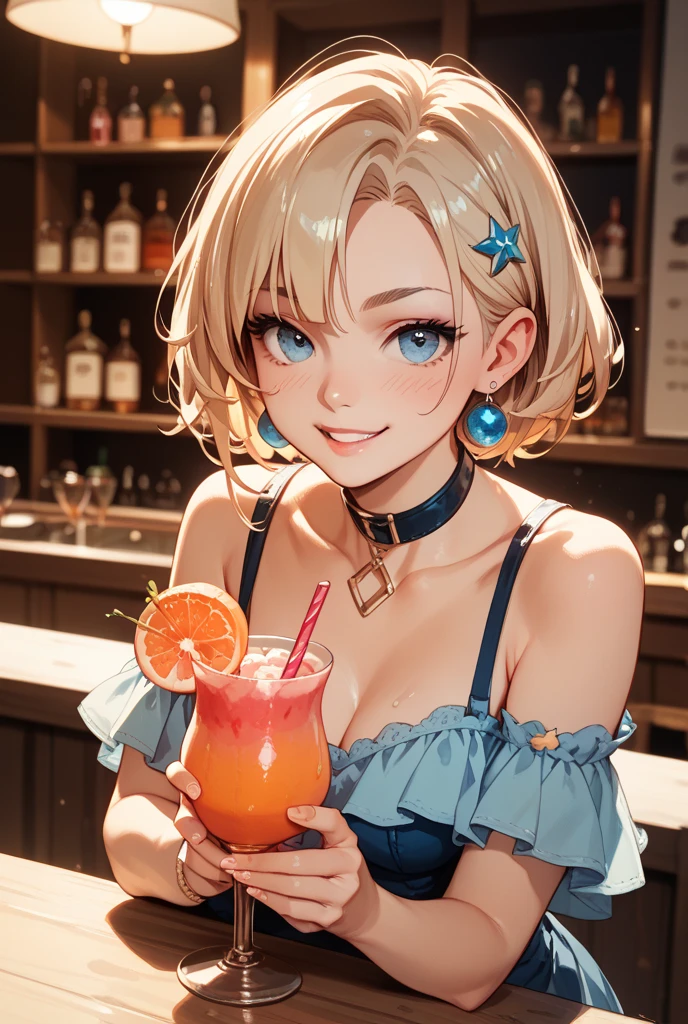 Stylish bar、Cute hairstyle(random)、Cute outfits(random)、Drink a cocktail、illumination