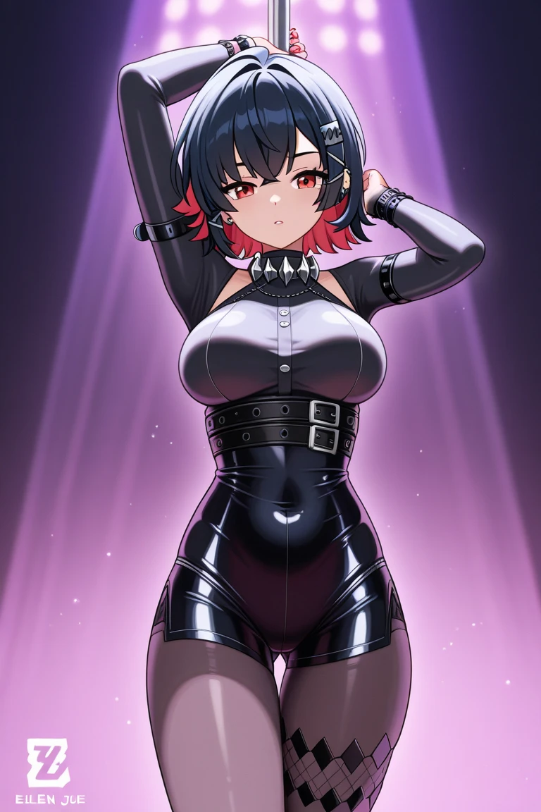 muste piece、highest quality、An illustration、Super fine、Fine、High resolution、8k wallpaper、perfect dynamic composition、(((Full body Esbian)))、((from below))、20 year old pretty girl、detailed beautiful face、Detailed and cute eyes、fine-textured skin、flushed cheeks、very dominant、(short cut hair:1.3)、(black hair)、huge breasts、bold sexy pose、evil smile、(No sleeve、deep cleavage)、huge breasts、huge ass、big butt、thin shoulders、In revealing black latex suit、seducing viewer、red big lips、red eyes、dominant look、high platforms、temptation、erotic、