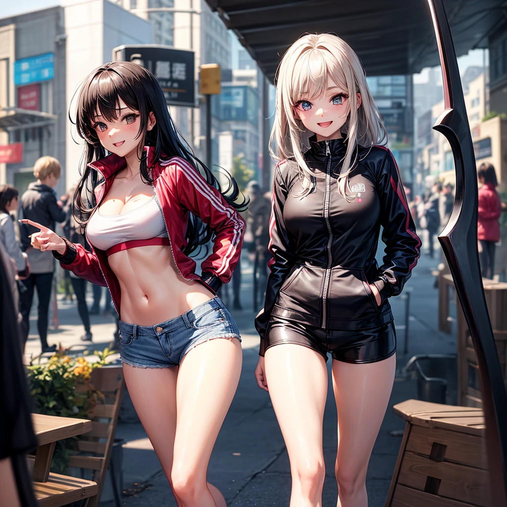 (best quality,8K,high school girl,zippered track jacket,smiling,gravure idol,Model,beautiful girl,down hair,alluring Multiple girls are depicted,uniform,cardigan,blazer,Ribbon on uniform,girl,masterpiece,highest masterpiece,long hair,perfect face,big bust,cleavage,erotic cute,sexy girl),Angelic cute girl,Naughty Girls,Too beautiful girl,Future Fashion,Cutting-edge fashion,Model,Full body image,perfection,Colorful,High-dimensional beautiful girl,Multidimensional beautiful girl,A beautiful girl of the future