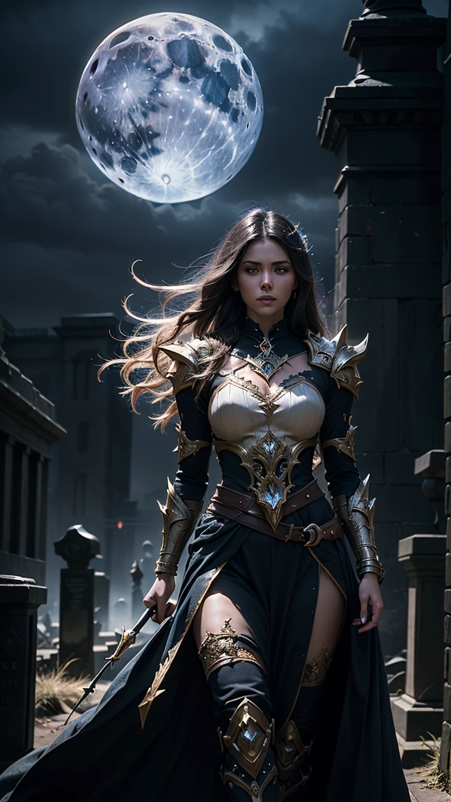 A female warrior, the Goddess of Thunder, stands with a regal and imposing presence. Her armor is a radiant blend of futuristic cybernetic design and ancient Greek-inspired motifs, adorned with lightning bolts and celestial symbols. She wields a mighty thunder hammer crackling with energy, ready for battle. The middle ground showcases a cosmic arena, with swirling galaxies and constellations forming a mesmerizing backdrop. Ethereal beings watch from a distance, their shimmering forms adding a mystical quality to the scene. In the background, storm clouds gather ominously, illuminated by flashes of lightning and bursts of celestial light. The lighting is dramatic, with shafts of light breaking through the celestial clouds to highlight the Goddess of Thunder., motion blur, cinematic lighting, UHD, anatomically correct, super detail, 4K