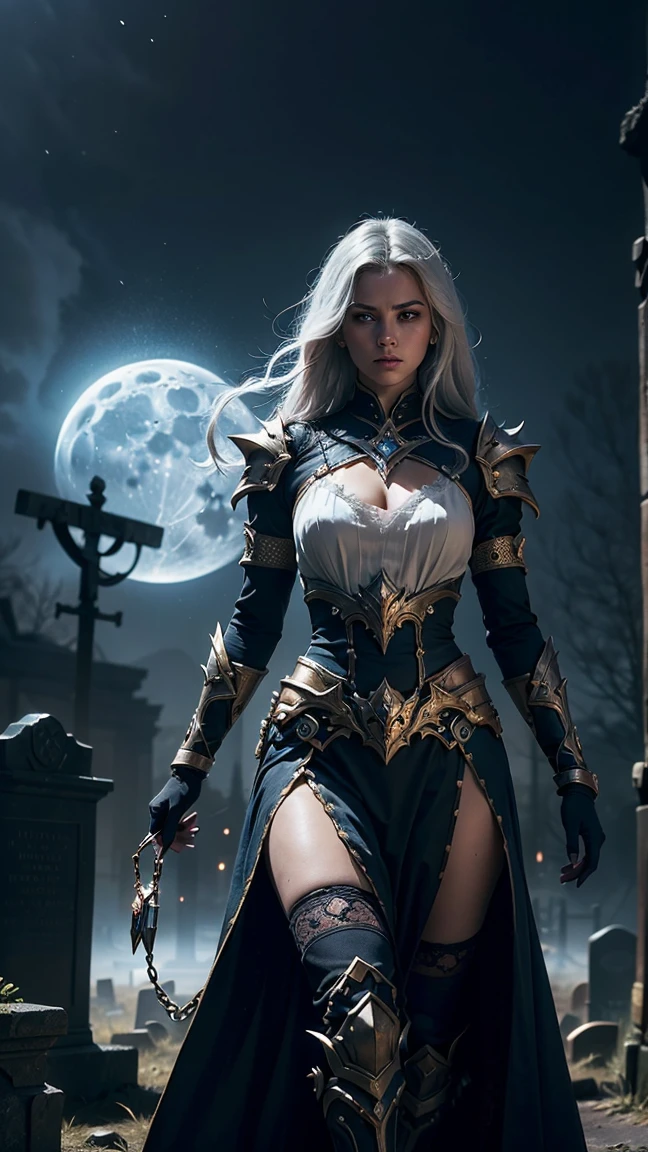 obra-prima, ultra qualidade, medieval, night dark gothic scenery, arte digital no estilo pop art, corpo inteiro, pale skin, cabelo brilhante, magro, pernas altas, mulher bonita (vampiro cavaleiro), bikini armor, botas de salto alto, BETTER HANDS, anatomia perfeita, surrounded by colors abstract patterns, energetic strokes,the climate must be dynamic