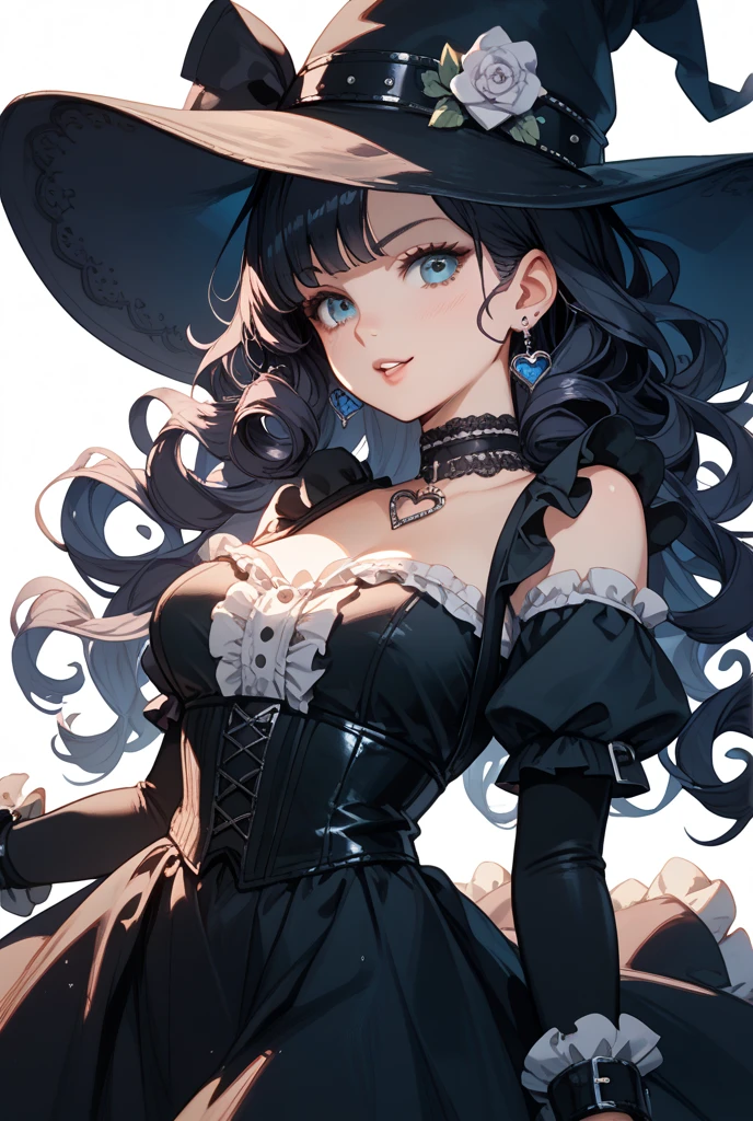 (cowboy shot: 1.5), (white background, simple background: 1.5), (masterpiece:1.5), (big breasts: 1.5), (1 girl: 1.5), young woman, (Beautiful Girl:1.5), (extremely detailed and delicate anime face and eyes:1.5), whole body, (natural light, HDR, extremely details CG:1.3), (dynamic posture: 1.3), {correct body anatomy}, (wide hips: 1.3), (perfect hands: 1.5), single focus, toned body, Beautiful Lips, thick lips, {surreal}, {correct posture}, {minutes details}, {detailed body}, {detailed clothing}, (Bright Eyes: 1.3), (cleavage: 1.3), {accessories}, {sexy}, (Gothic costume: 1.3), Gothic dress, (Floral Frock: 1.3), litlolita dress, black dress, graceful, dark blue clothes, (skirt with lots of frills: 1.3), long frilled skirt, (dress silk overlay: 1.3), frilly dress, (long black lace dress: 1.5), lace, lace rims, frills, (puff sleeves: 1.5), (long sleeves with ruffles: 1.3), (frilled black sleeves: 1.5), embroidery, strapless, (black lace-trimmed legwear: 1.5), (black lace thighhighs: 1.3), blacke legwear, black stocking, garter straps, (beautiful detailed jewel leather collar: 1.5), (black choker: 1.3), (Silk Black Hat: 1.5), earrings, bracelets, (black silk gloves: 1.5), (black frilly gloves: 1.3), pointe shoes, black silk gloves, (extra long hair: 1.5), (shimmer hair: 1.5), glowing hair, (two-tone hair: 1.5), (Iridescent black hair: 1.5), (black hair: 1.3), (Iridescent dark blue streaks: 1.3), (hair houseki no kuni: 1.5), cornrows, (hair between eyes: 1.5), ahoge, (sidelocks: 1.5), (bright Purple eyes: 1.5), (bullish eyes: 1.3), 