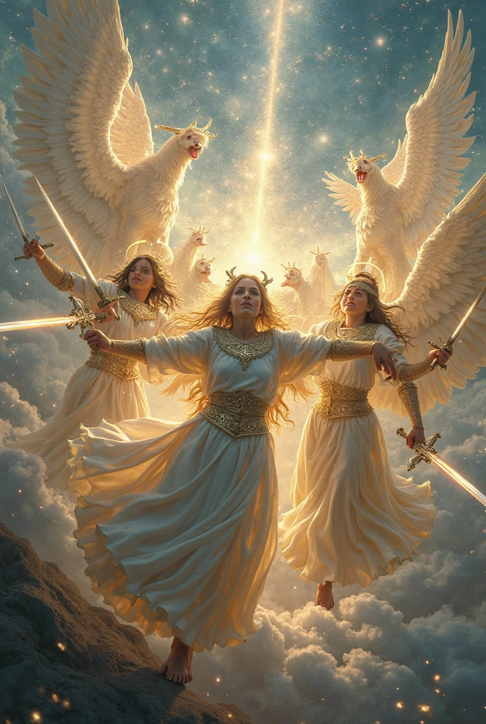 Create a striking, hyper-realistic image for the Five of Staffs in the Lumen Angelis Tarot deck. The scene depicts five radiant staffs crossing in a dynamic, chaotic pattern, each staff emitting a unique color of celestial light, symbolizing the clash of different energies and ideas.
Five angelic figures, each holding one of the staffs, are engaged in a celestial struggle. Their expressions are intense, yet focused, representing conflict, competition, and the challenge of harmonizing diverse forces. The angels' wings are wide and powerful, with feathers that shimmer in the light, emphasizing their divine nature.
The background is a swirling vortex of light and shadow, symbolizing the turbulent energy of the confrontation. Sparks and beams of light fly off from where the staffs collide, creating a sense of movement and intensity. Each staff is adorned with intricate symbols and runes, glowing with an inner power that suggests their importance in the struggle.
Beneath the angels, the ground is cracked and glowing, as if the energy of their conflict is tearing through the fabric of reality itself. The entire scene is bathed in a dramatic, otherworldly light, casting sharp contrasts and deep shadows that enhance the sense of drama and tension.