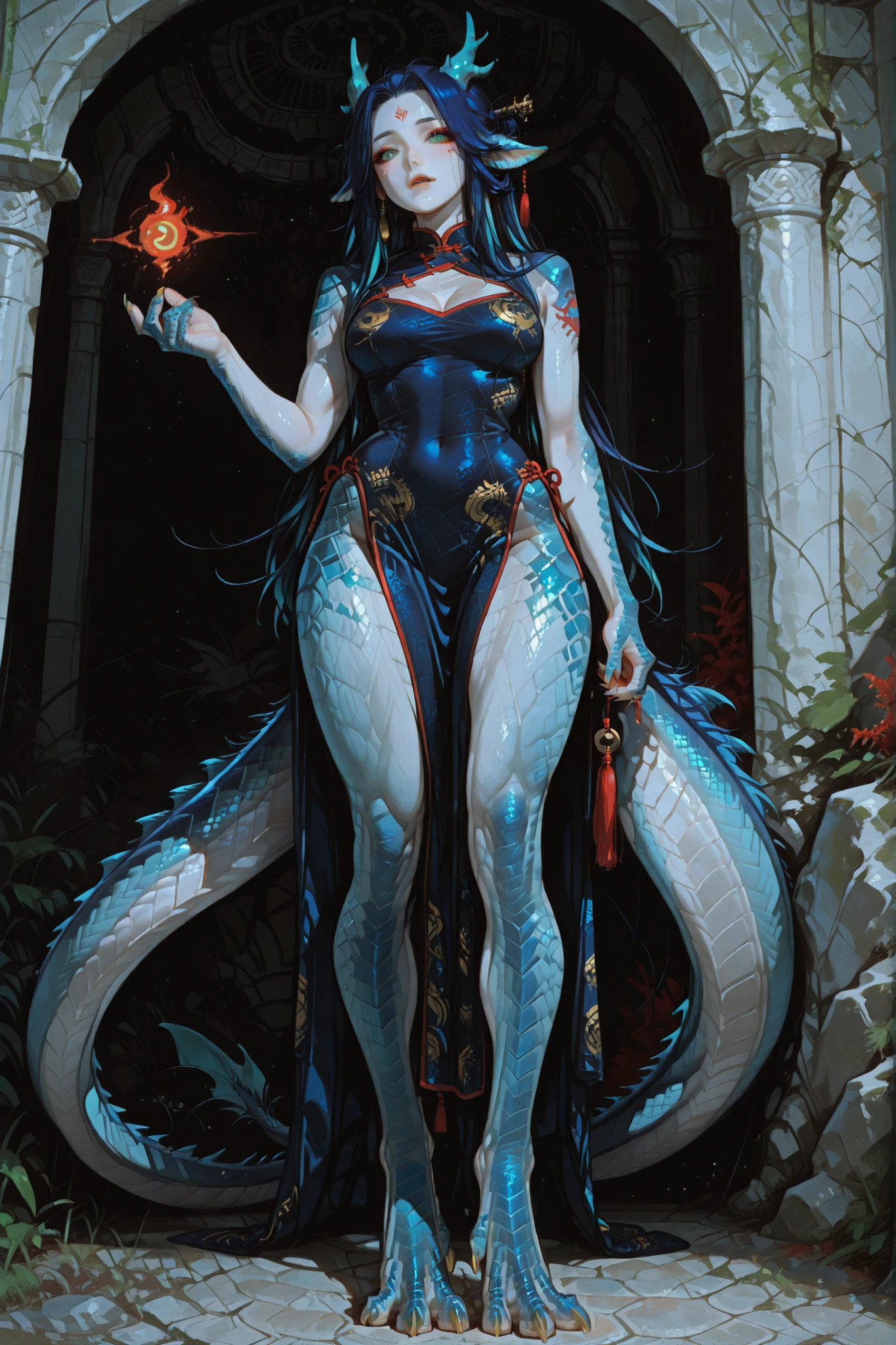 Girl is Azure dragon Lúng,she is hybrid of Eastern dragon. She has a sporty feminine bodybuilding. She has a pale skin covered with navy blue and azure scales with Nazar pattern. She has red fire stripes tattoos on her face , and all over her body. Her lips navi blue, she has a gold sharp fangs. She has jet-black straight middle hair with indigo blue highlights, her bangs are pinned up and pulled back. She has green jade eyes with narrow beast pupil. she has 4 curved branched dragon horns are located on the forehead. She has long pointy blue fluffy dragon ears. She has a immensely long mighty scaly dragon tail with black mane along the spine and black fluffy tassel on tip of her tail. She has long golden crescent-shaped claws on her hands fingers and feet toes. She's wearing a red Chinese qipao. She she's barefoot. On the background: the garden of the Chinese temple high in the mountains.