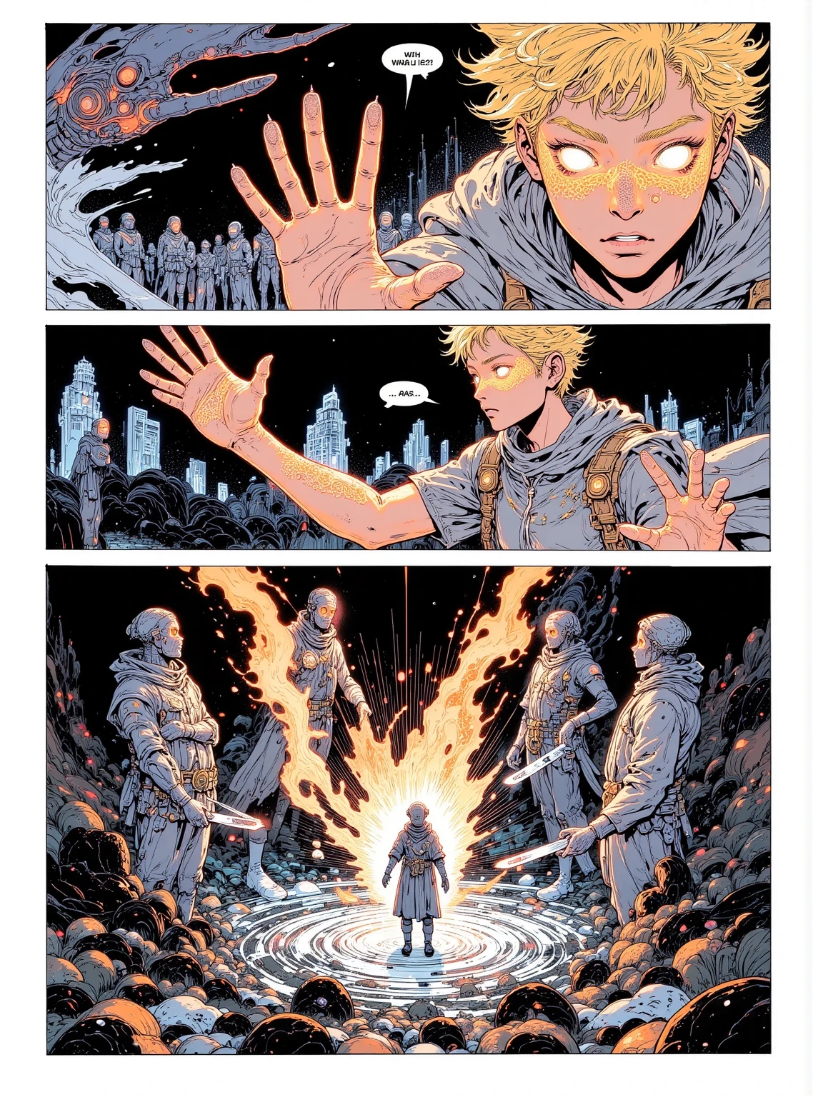 anime style, full manga page layout, 4 panel composition, dramatic lighting, serious tone, cinematic effects

panel 1: top panel, a teenage boy lies face down in rubble, faint blood on his arm, dusk sky with black smoke and burning ruins in background, embers floating

panel 2: middle panel, close-up of the boy lifting his head slowly, one eye glowing faintly, determination in his expression, dirt and scratches on face, dim light from the fires

panel 3: middle panel, enemy soldiers approach in silence, silhouettes in smoke, their eyes are empty, shadows falling behind them

panel 4: bottom panel, the boy’s eyes blaze with fire, sharp fangs begin to grow, intense expression as wind blows through his hair, red-orange glow surrounds him, dramatic close-up

overall style: high quality anime, cinematic shading, dynamic composition, subtle texture, hand-drawn manga tone
