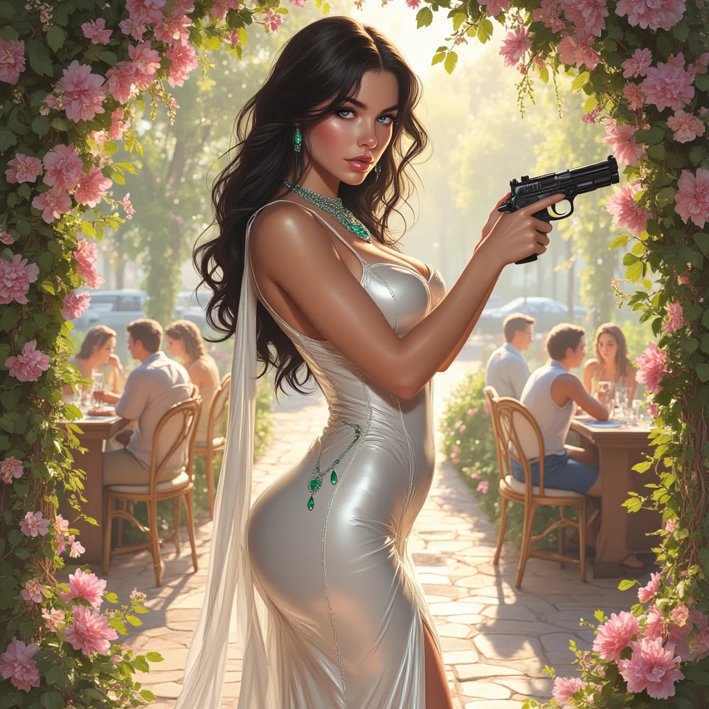 caravaggio lighting; high contrast; hyper-realism; Circe witch from madeline miller; her pig and leon; island of Circe; Godess; realism; circe is working in her garden; mistery; strenght; beautiful women; circe is collecting ingredients to do her potions; beautiful semi-transparent dress; greek mythology