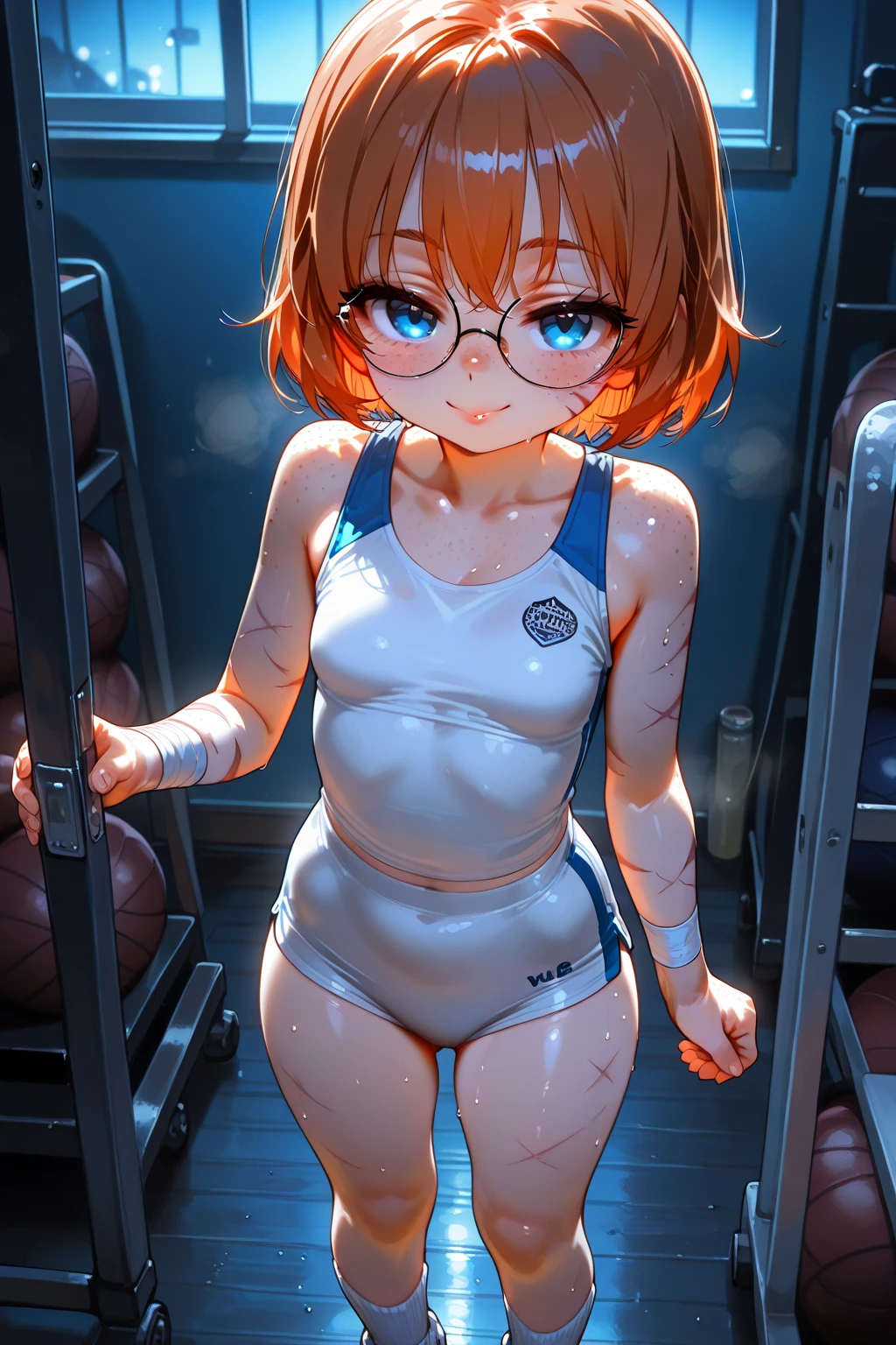 best quality, masterpiece, extremely detailed CG, official art , professional lighting, (sakimiyairuka), one side up, green scrunchie, hair ornament, red hair, green eyes, perfect face, gleaming skin, groin,(leotard), glasses, gym