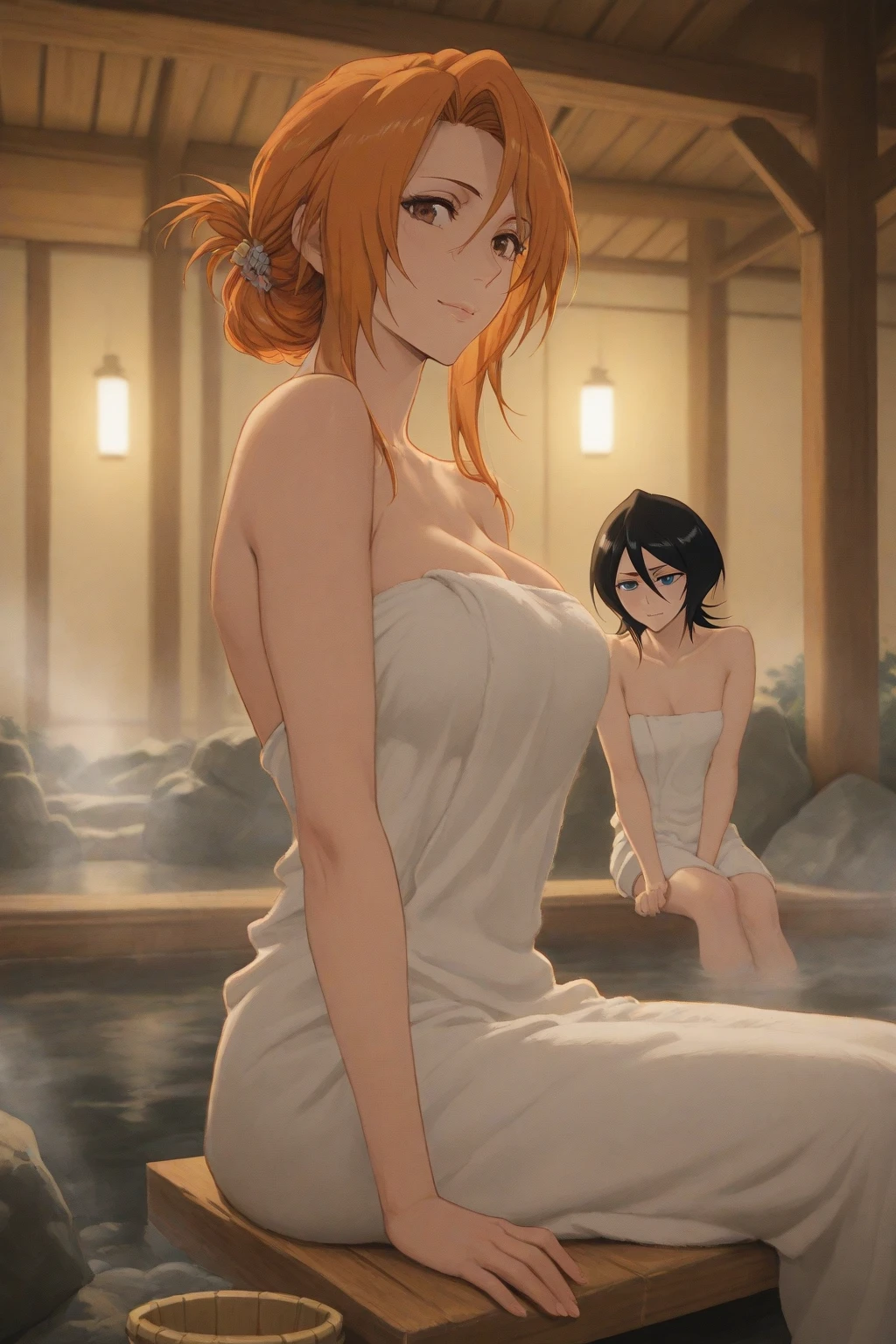 1 girl, marci, nude, laying in the bath, bubble bath, soap foam, brown hair, short ponytail, yellow eyes